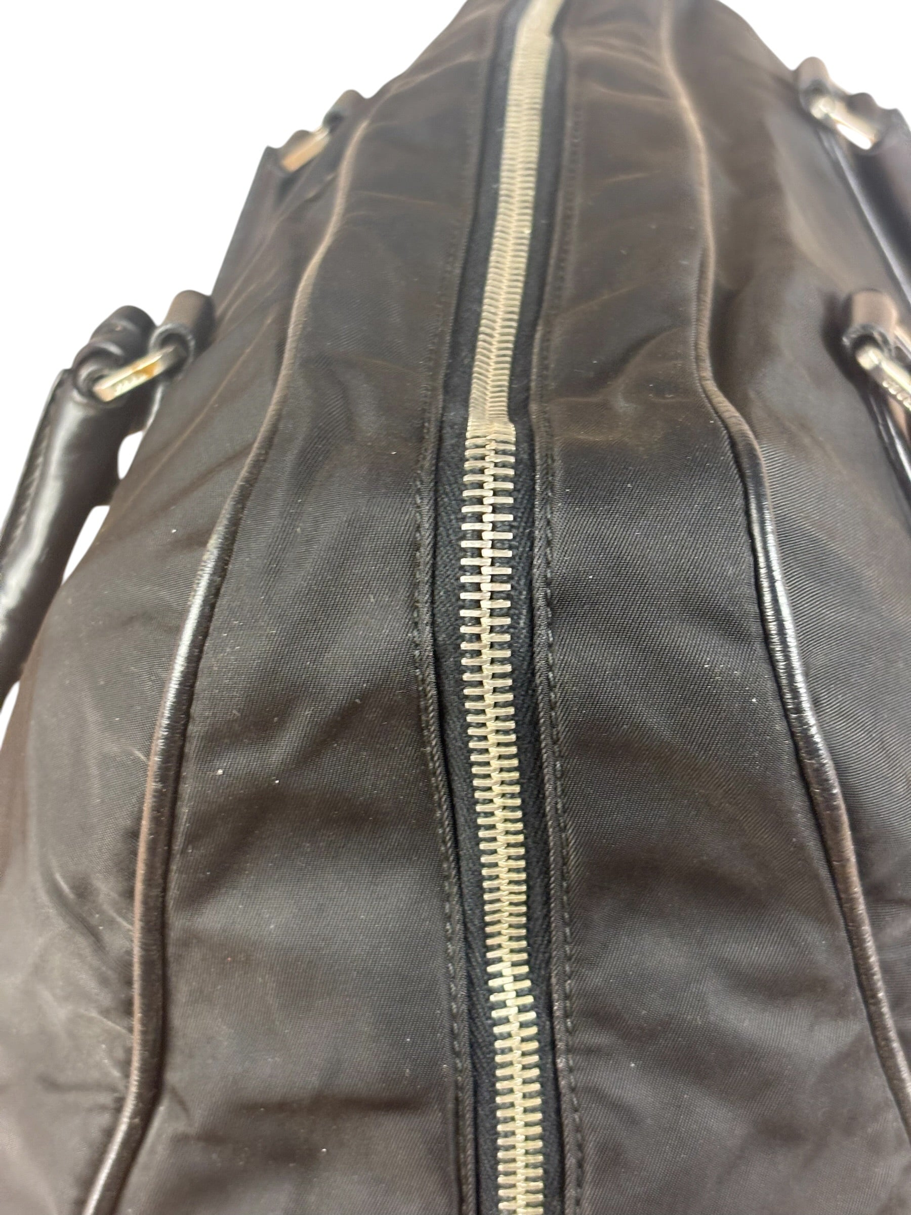 Prada Black Leather Tessuto Nylon Bowler Bag