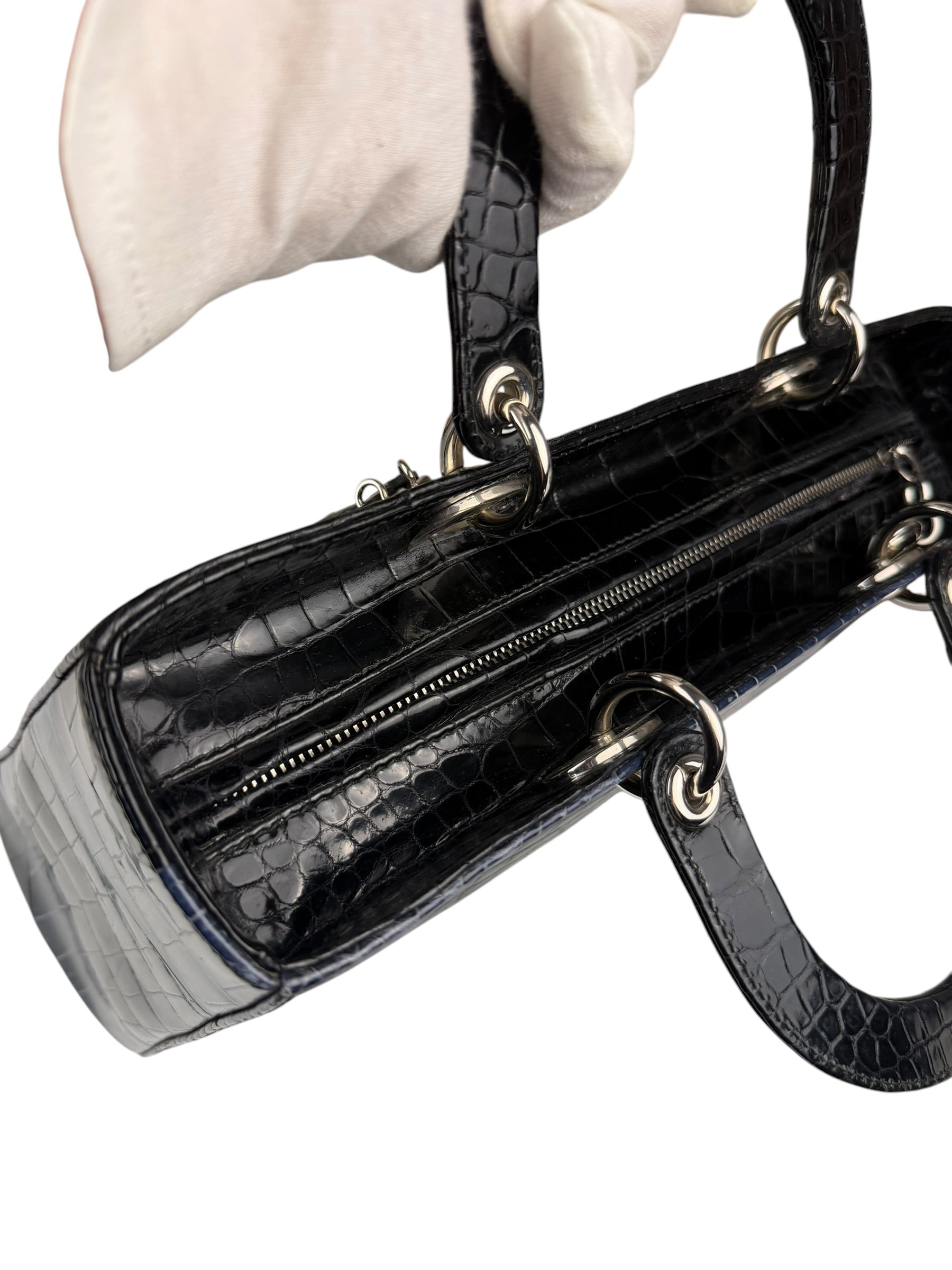 Christian Dior Rare Black/Navy Croc Embossed Lady Dior Handbag