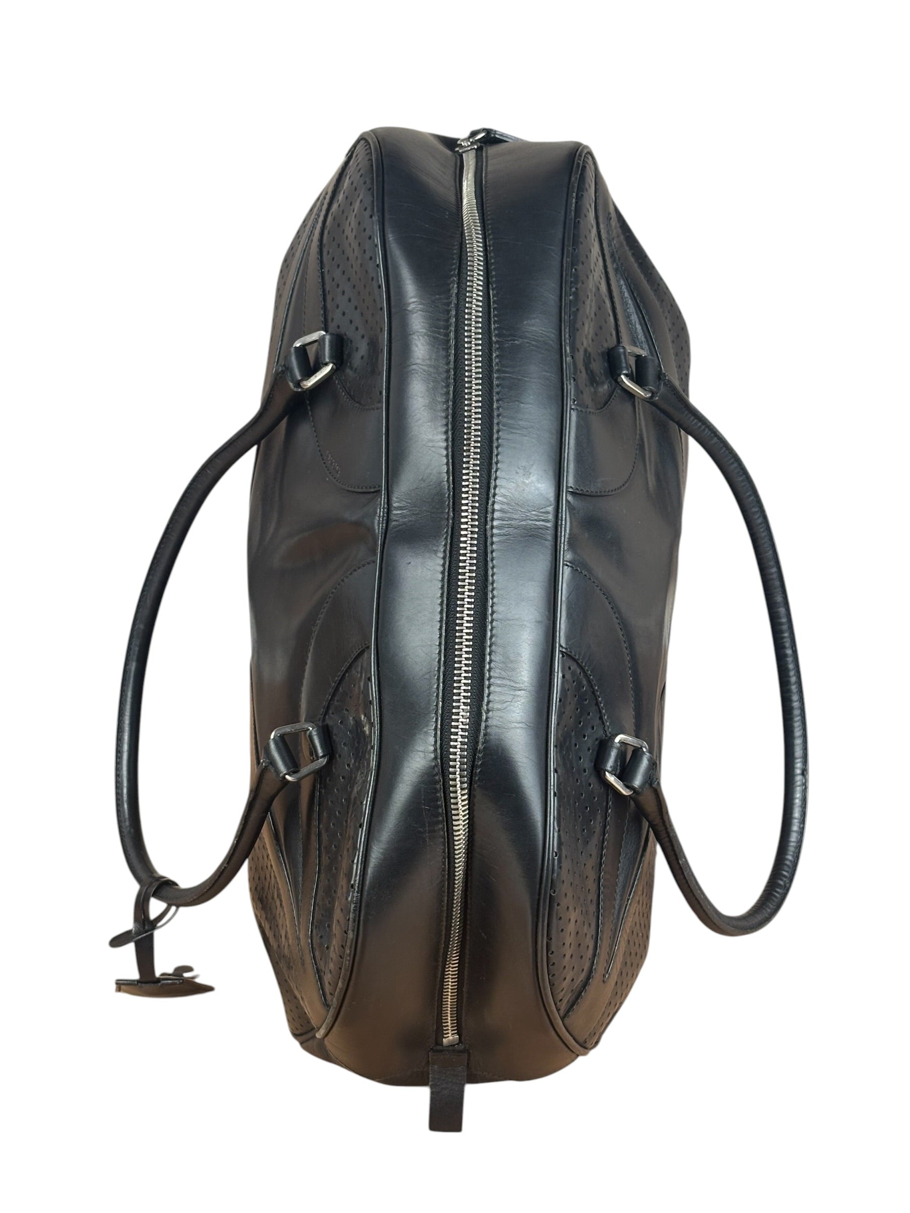 Prada Vintage Black Leather Vitello Drive Perforated Bowling Tote Bag