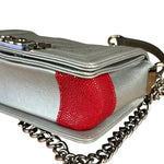 Chanel CC Silver Lambskin Quilted Boy Bag Red Stingray 2012