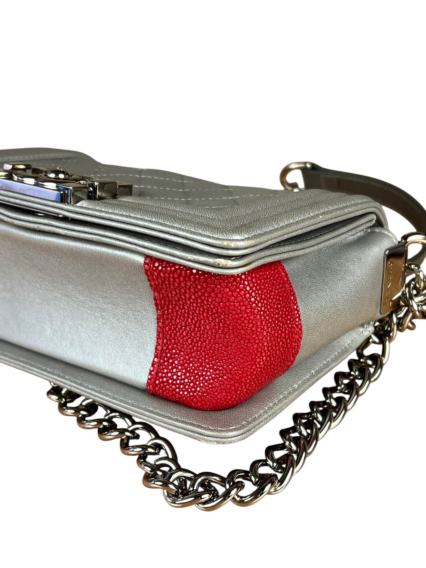 Chanel CC Silver Lambskin Quilted Boy Bag Red Stingray 2012