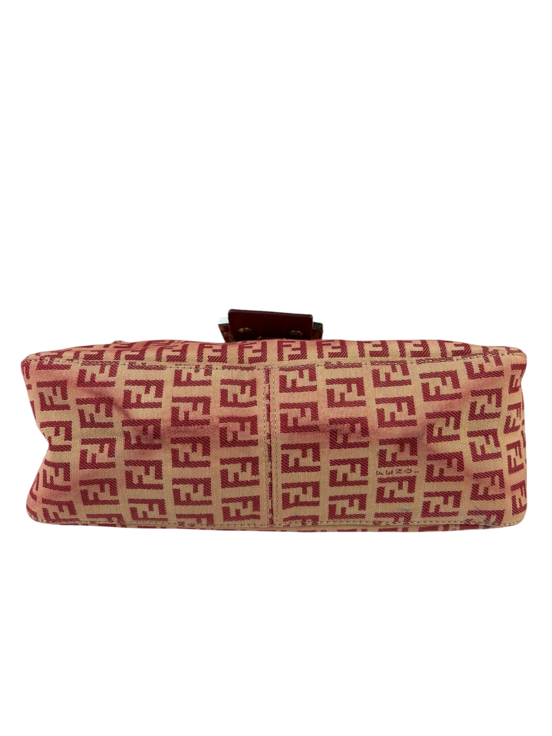 Fendi Red Leather Trim Zucca Baguette