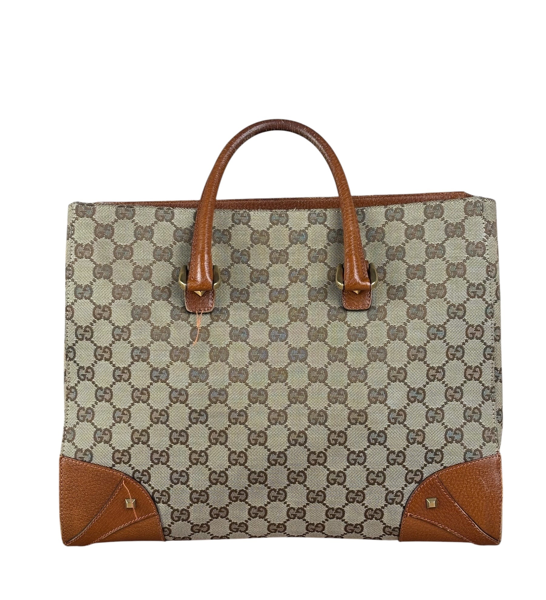 Gucci GG Brown Leather Trim Canvas Monogram Tote Bag