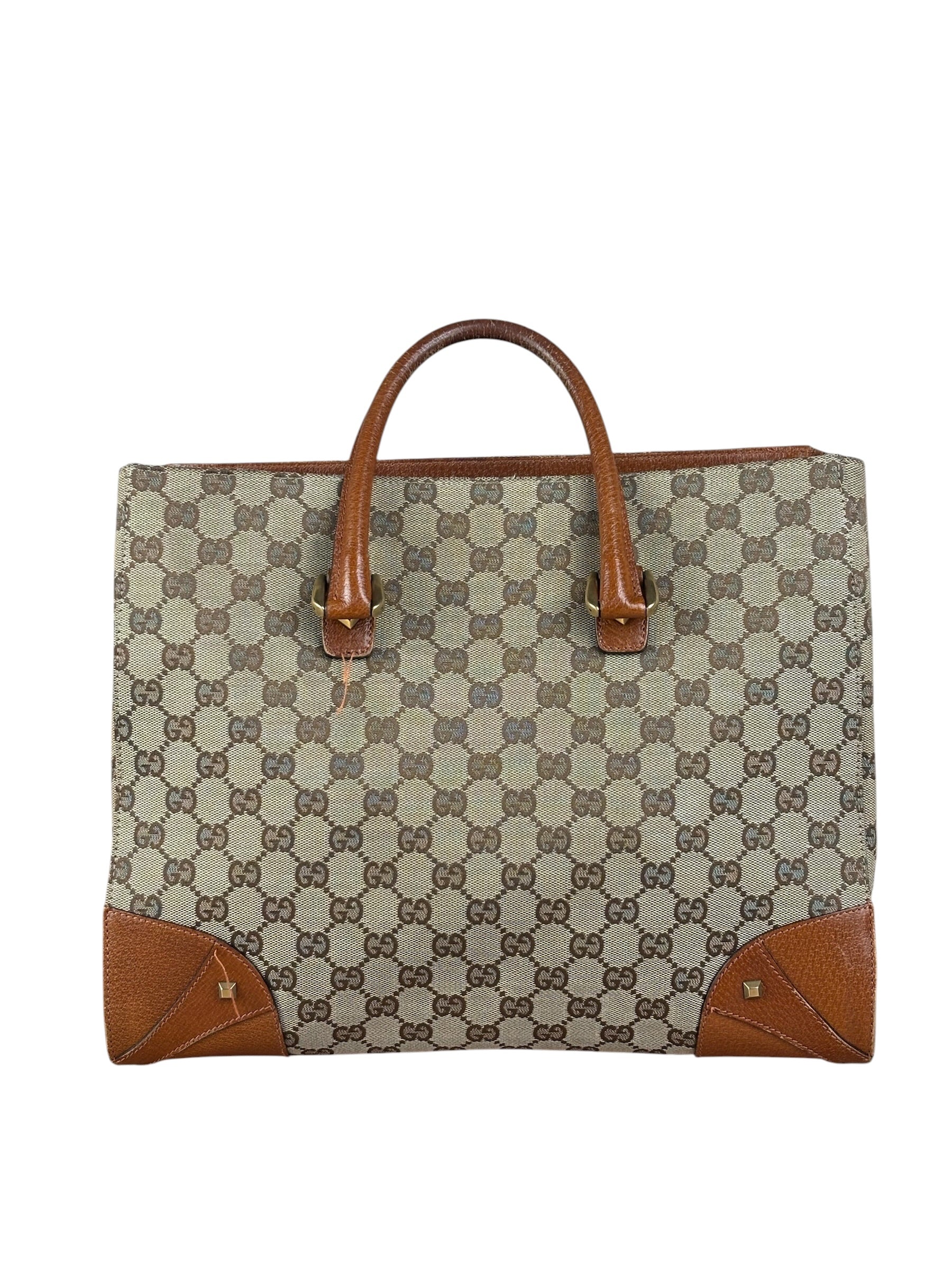 Gucci GG Brown Leather Trim Canvas Monogram Tote Bag