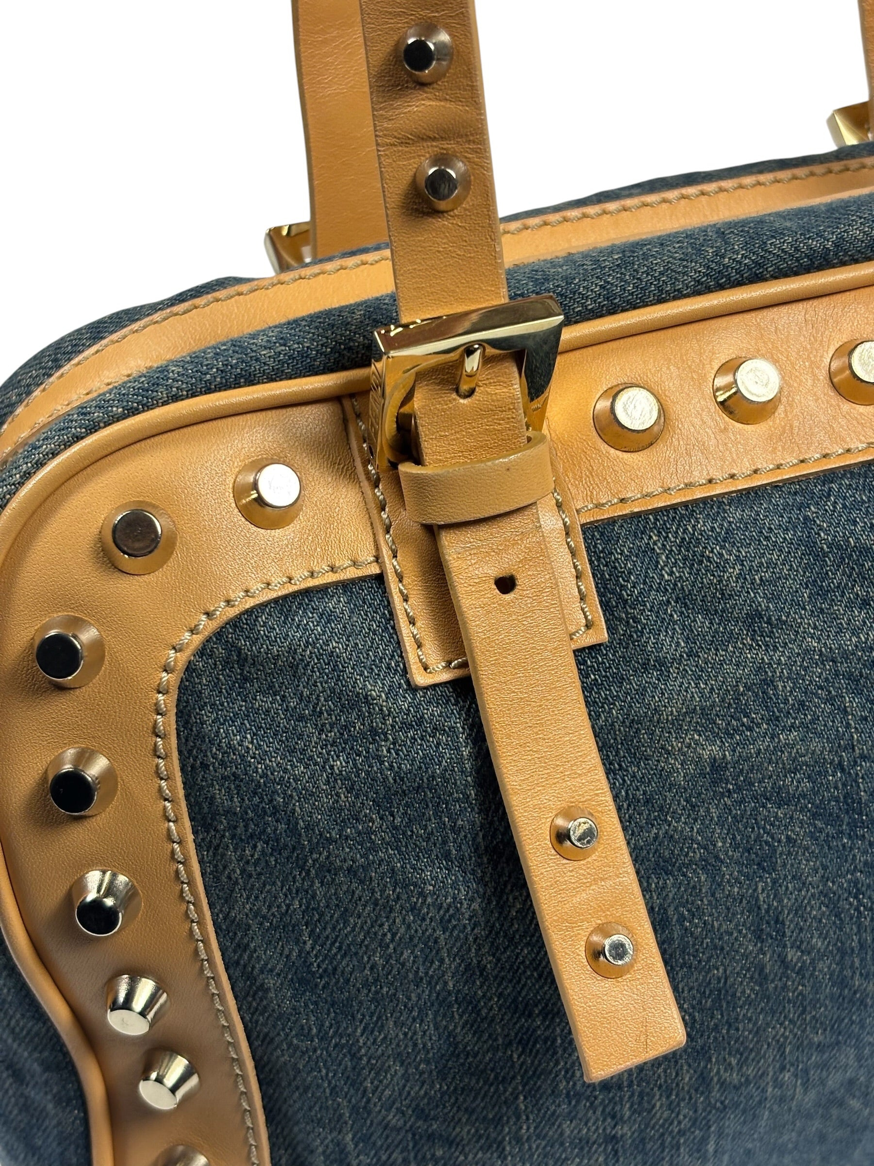 Fendi Blue/Brown Denim/Leather Trim Studded Shoulder Bag