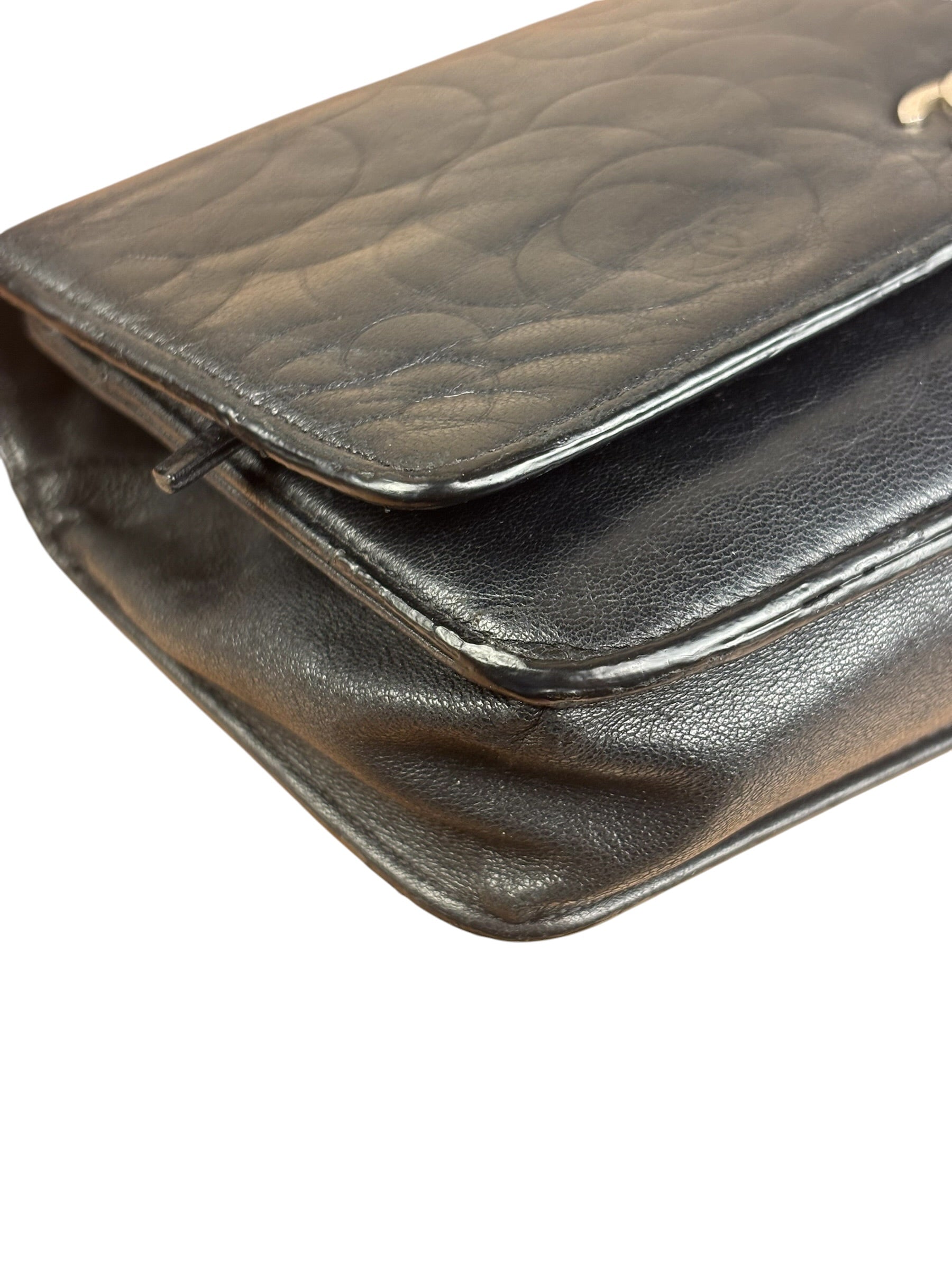 Chanel Black Leather Camellia Embossed Chain Wallet 2012