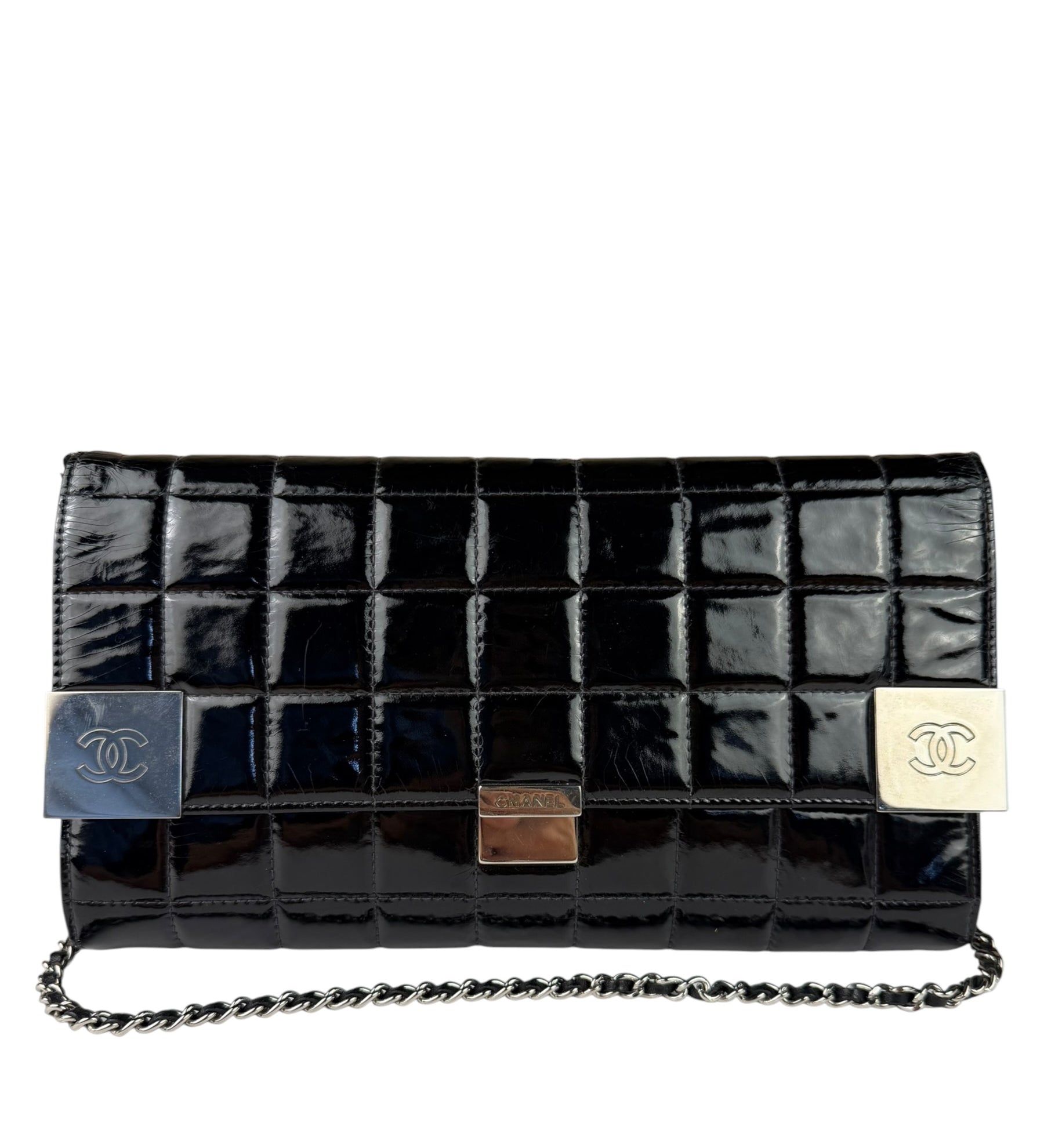 Chanel Black Patent Leather Chocolate Bar Flap Bag 2000