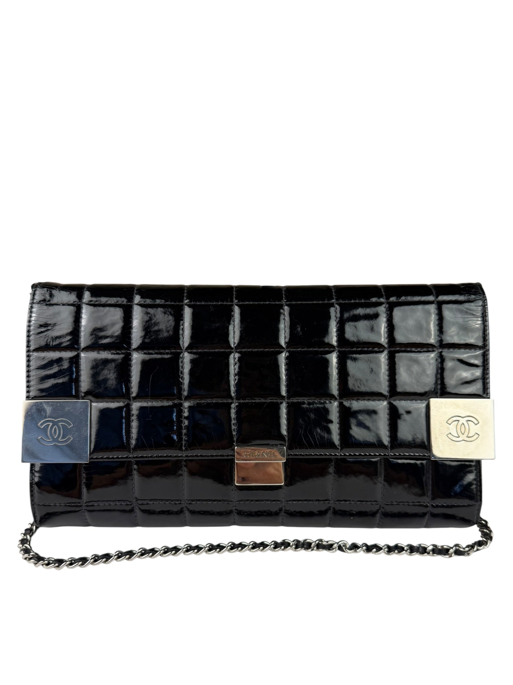 Chanel Black Patent Leather Chocolate Bar Flap Bag 2000