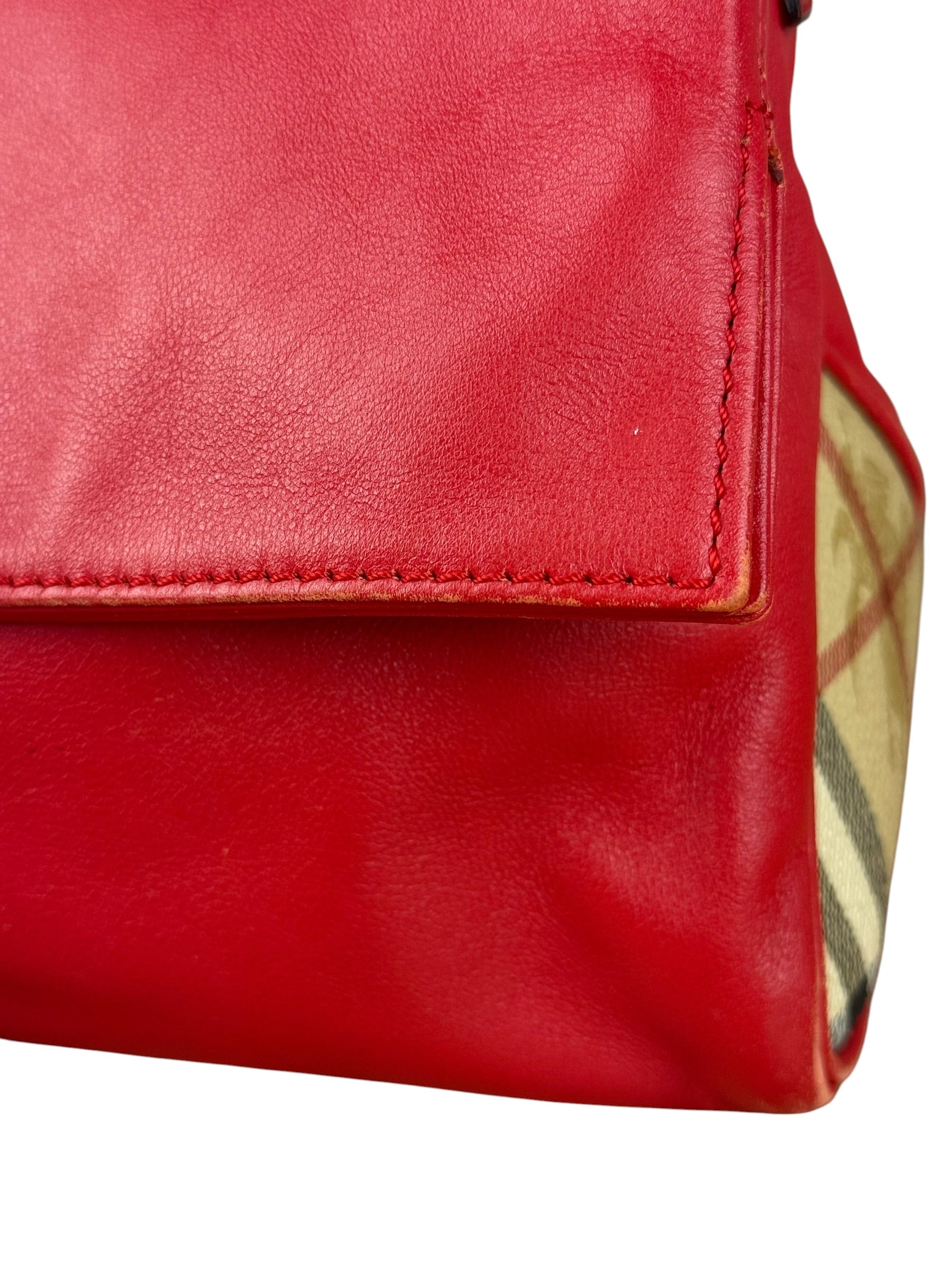 Burberry Red Leather Haymarket Check Shoulder Bag
