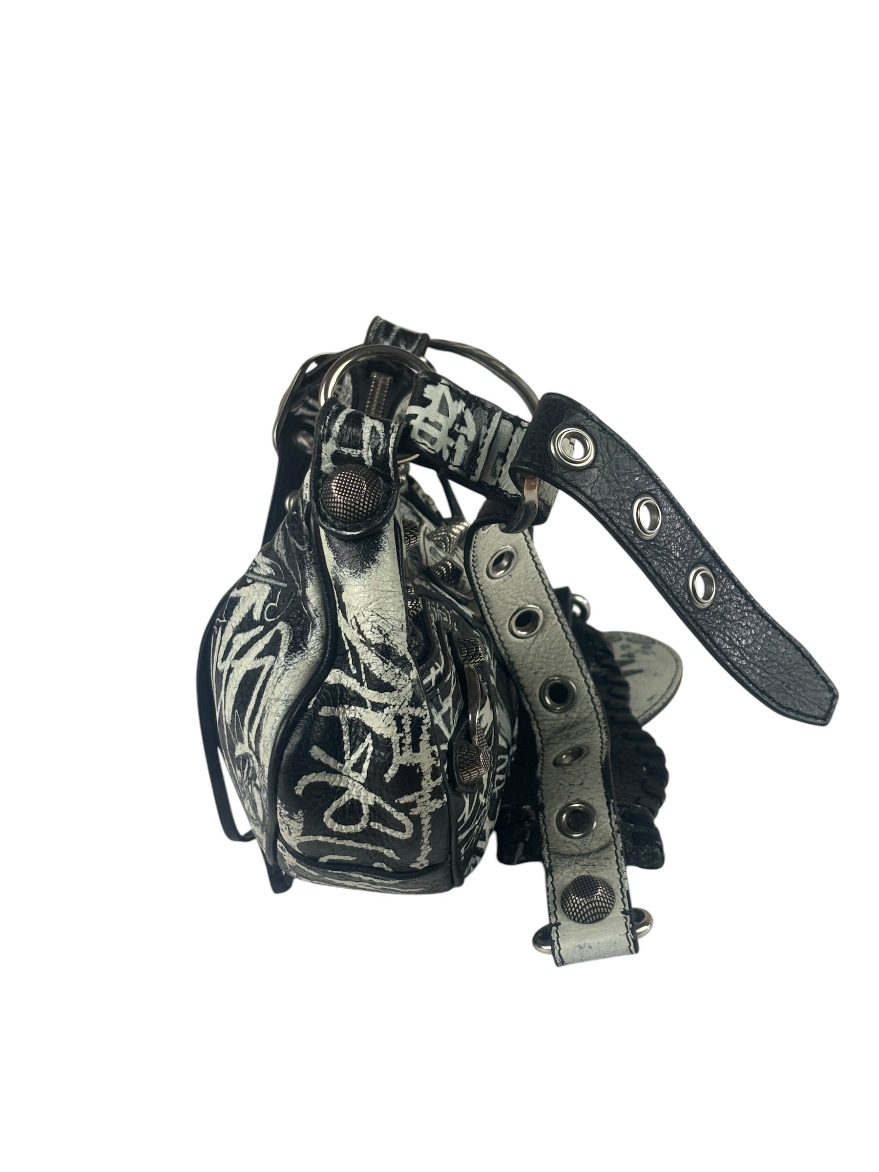 Balenciaga Black/White Leather Le Cagole Graffiti Shoulder Bag