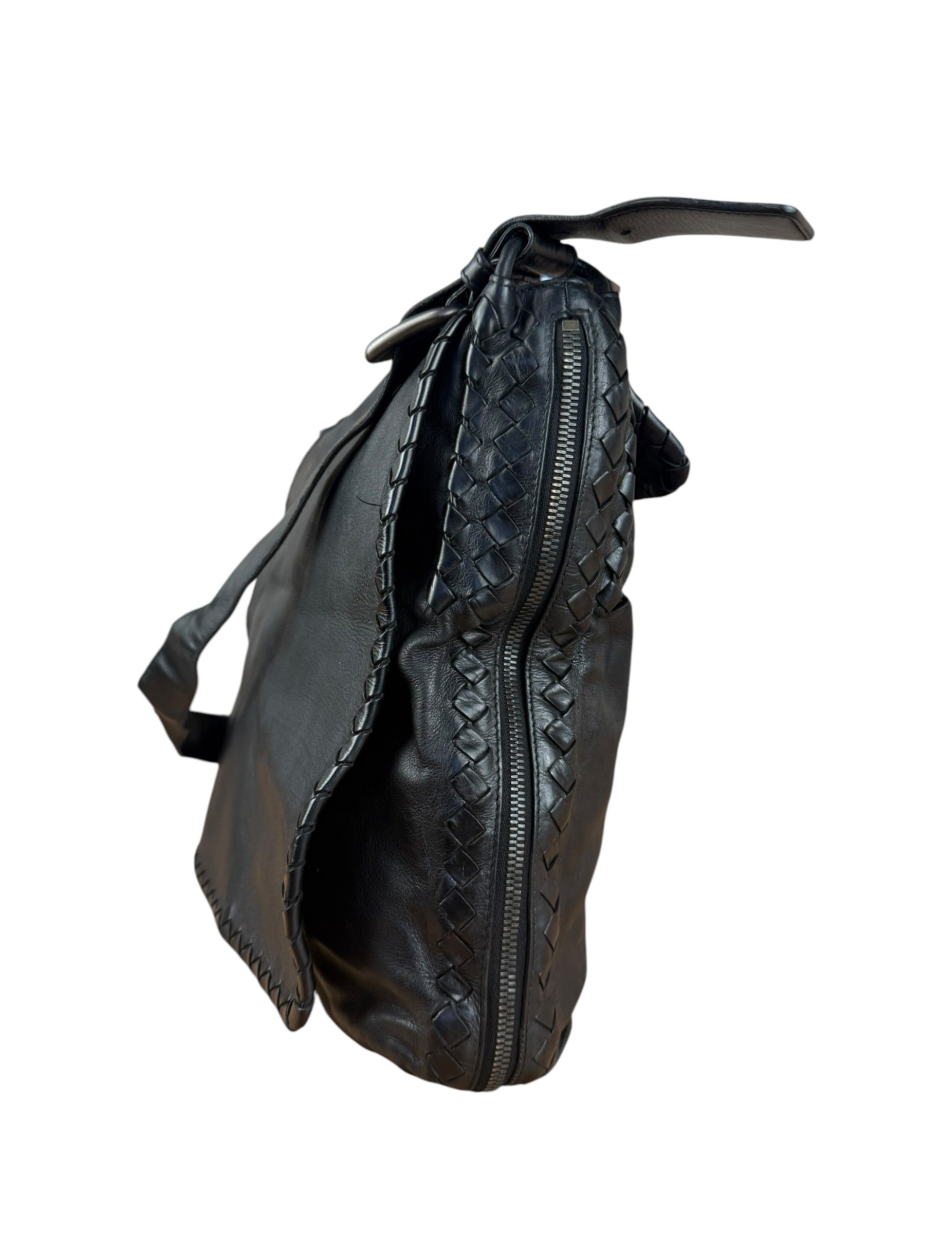 Bottega Veneta Black Intrecciato Leather Flap Messenger Bag