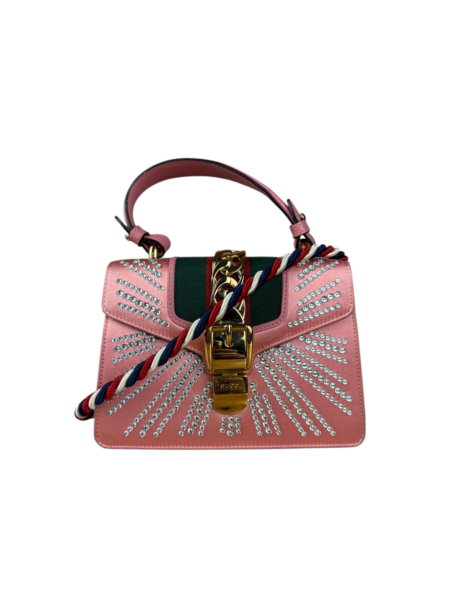 Gucci Sylvie Pink Mini Satin Embellished 2Way Handbag