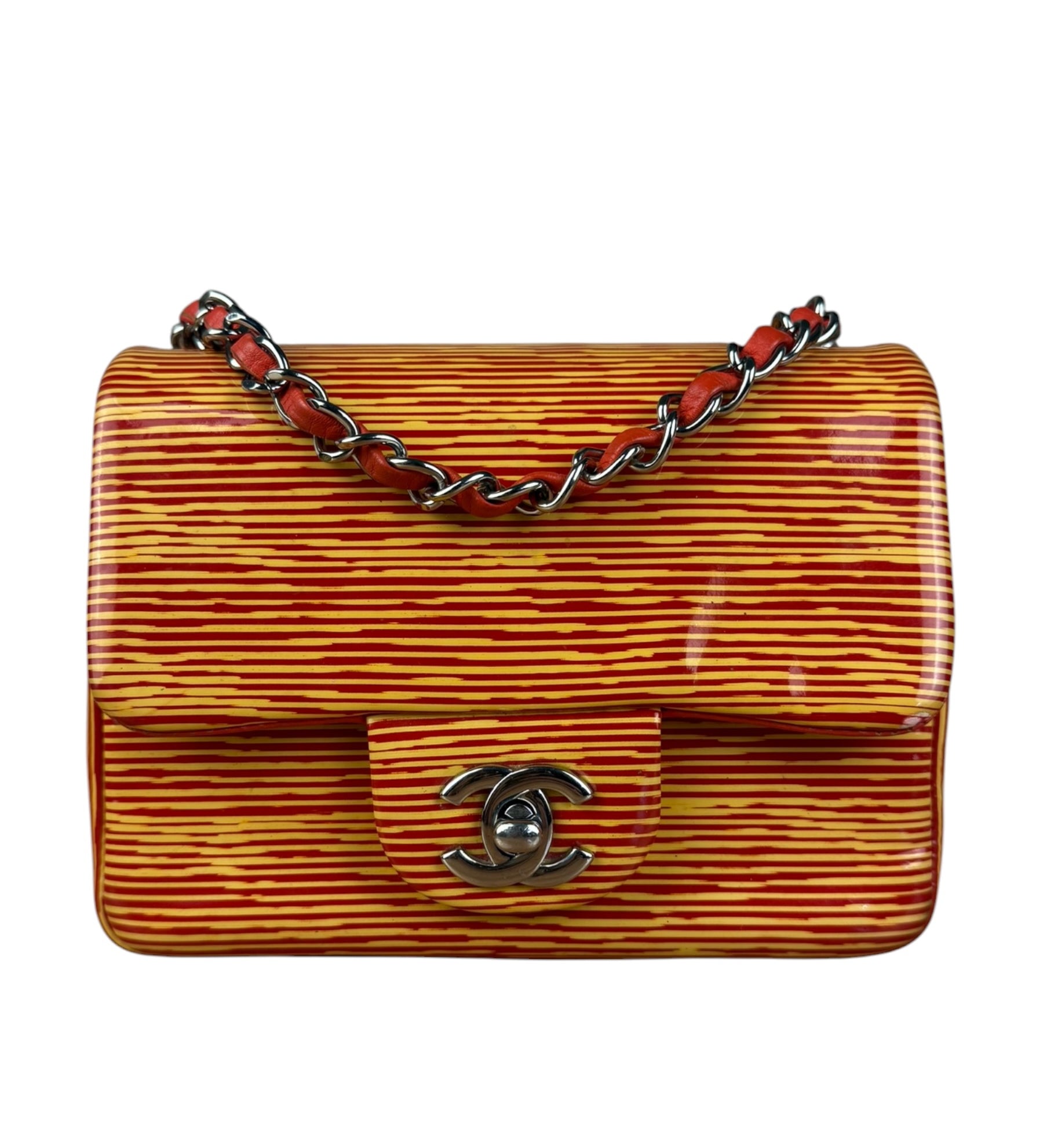 Chanel Mini Square Classic Striped Patent Single Flap Bag 2013