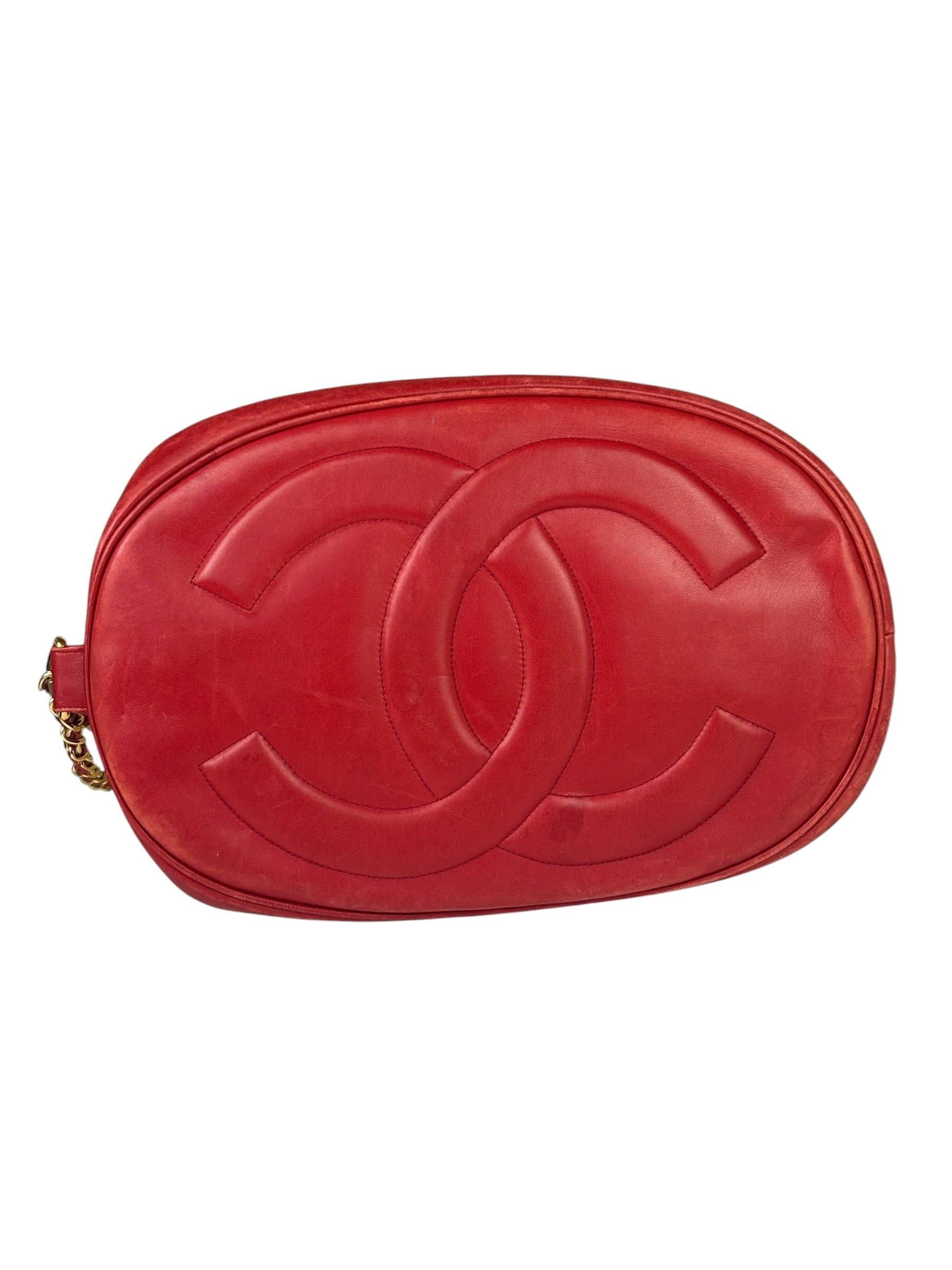 Chanel Vintage Beige/Red Leather Trim Drawstring Bucket Bag 1989