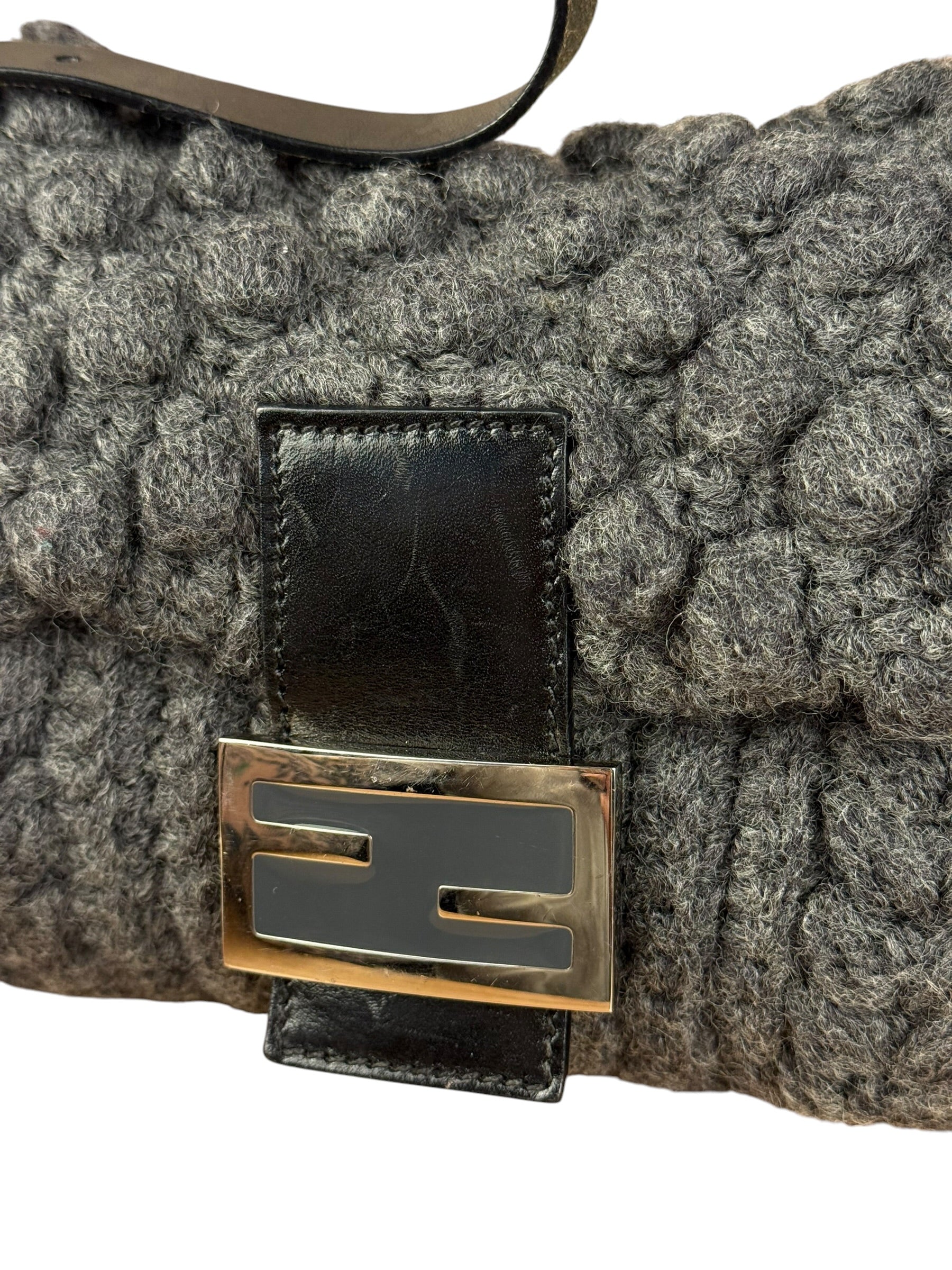 Fendi Grey Wool Crochet FF Baguette Shoulder Bag