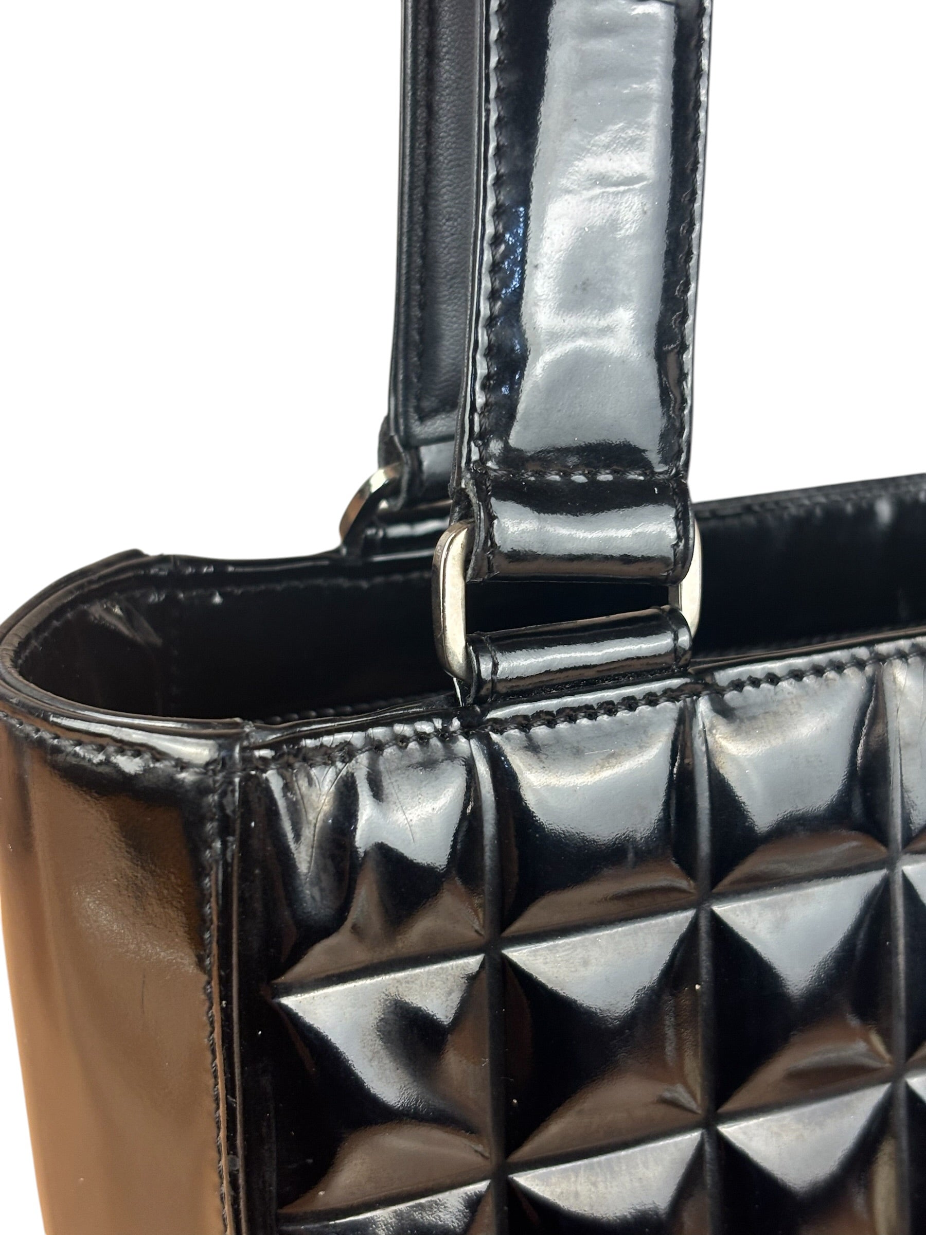 Chanel Vintage Black Patent Leather Chocolate Bar Tote Bag 2002