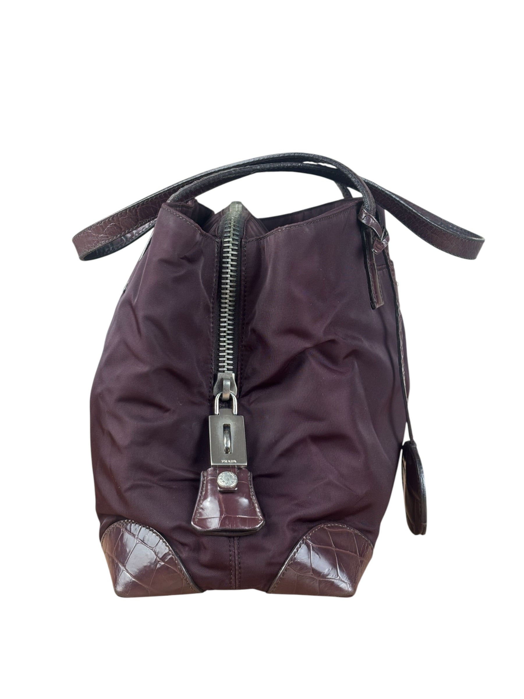 Prada Vintage Plum Nylon Leather Embossed Handbag