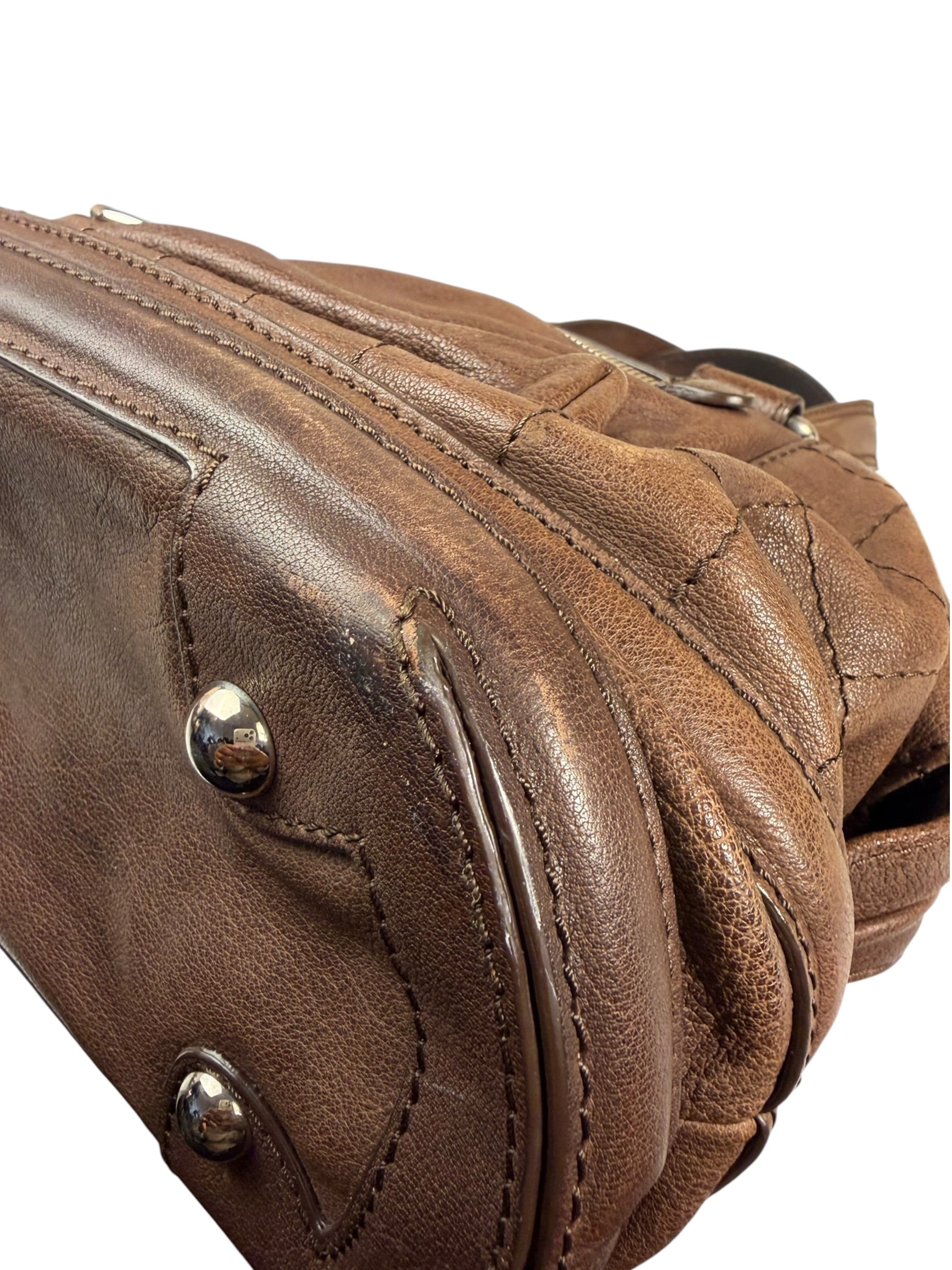 Chanel Brown Leather Essential Square Stitch Bowler Bag 2007