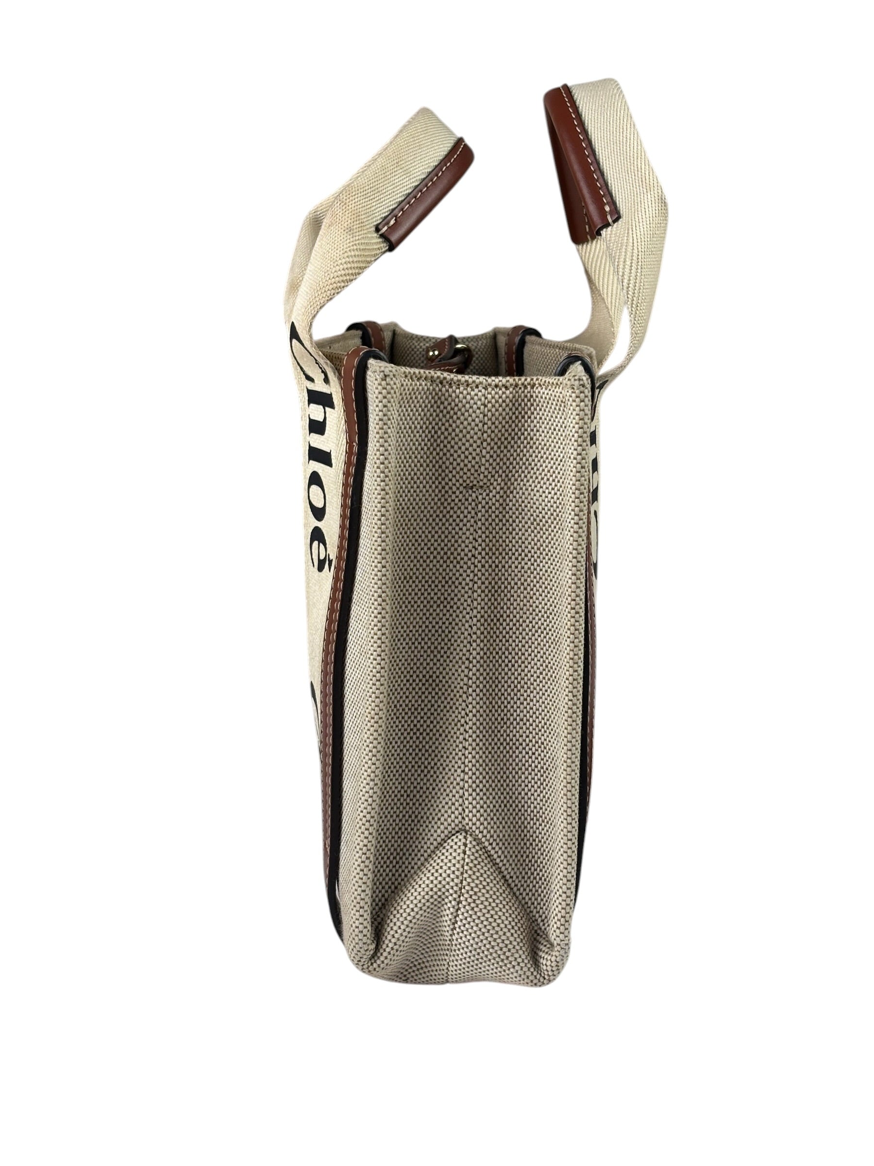 Chloe Beige/Brown Leather Trim Small Woody Two-Way Tote