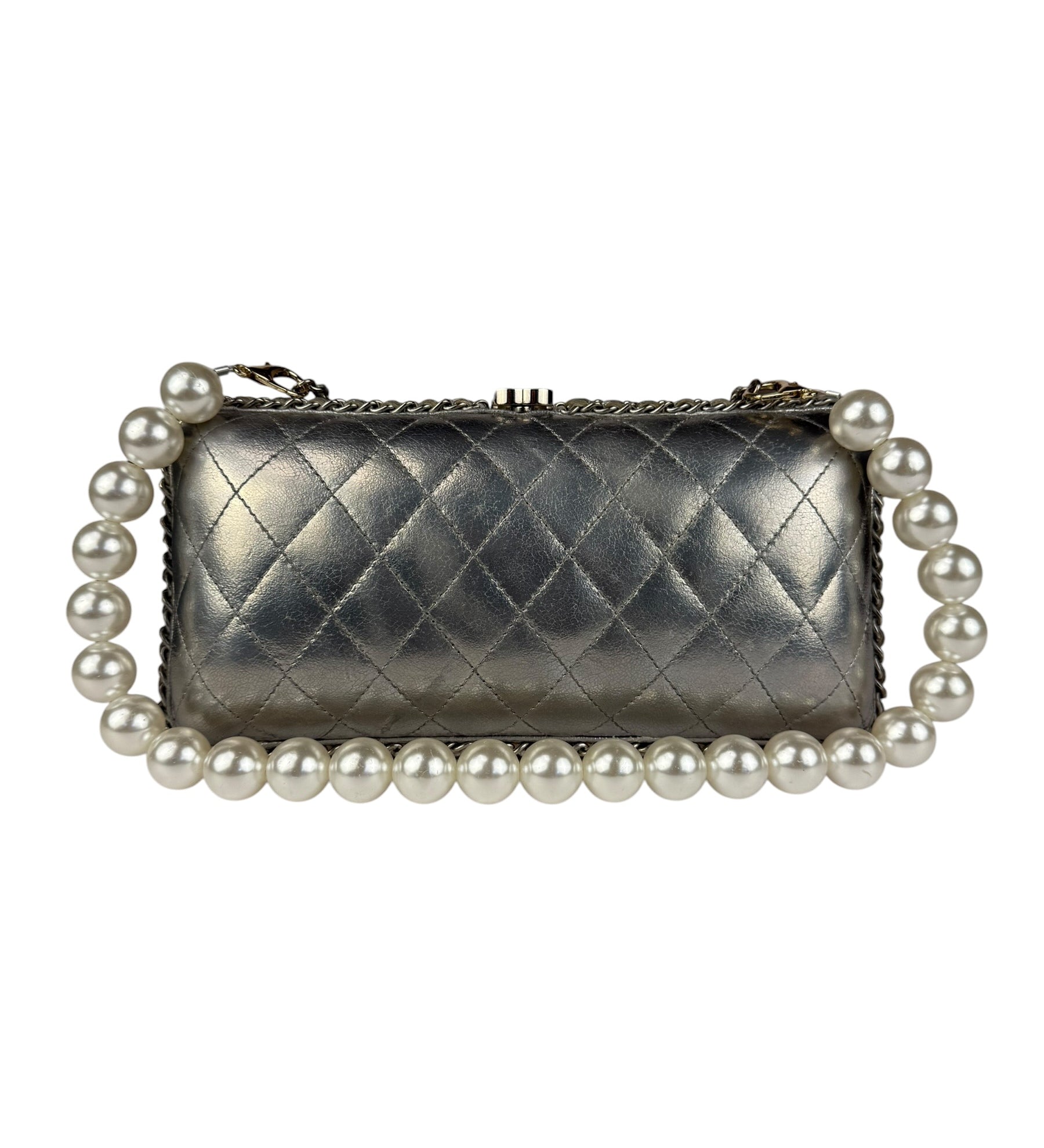 Chanel Metallic Silver Quilted Chain Around Clutch Shoulder Bag 2011