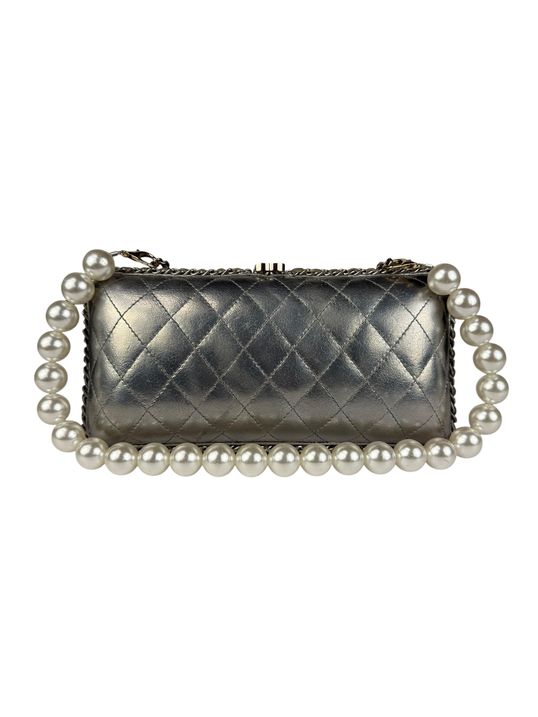 Chanel Metallic Silver Quilted Chain Around Clutch Shoulder Bag 2011