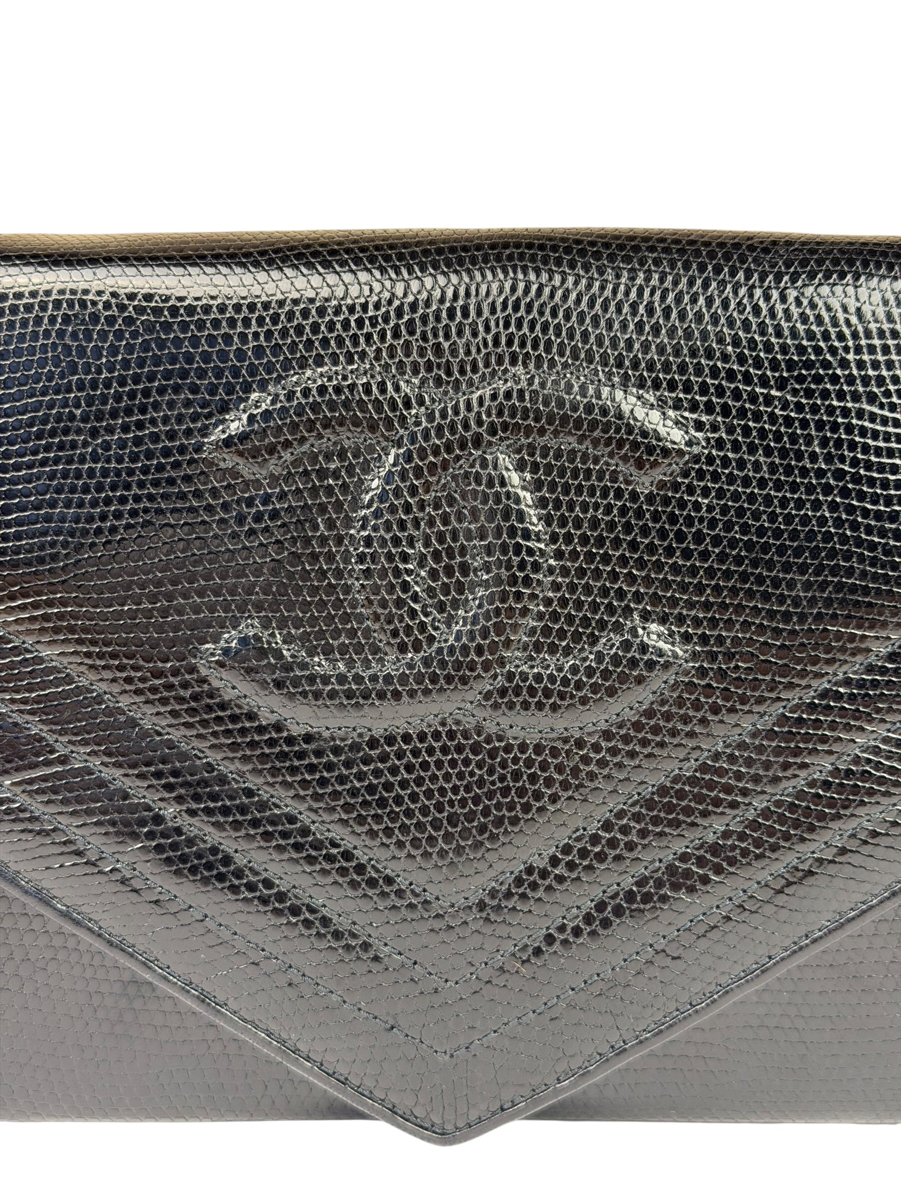 Chanel Black Lizard Leather Envelope Flap Bag 1986