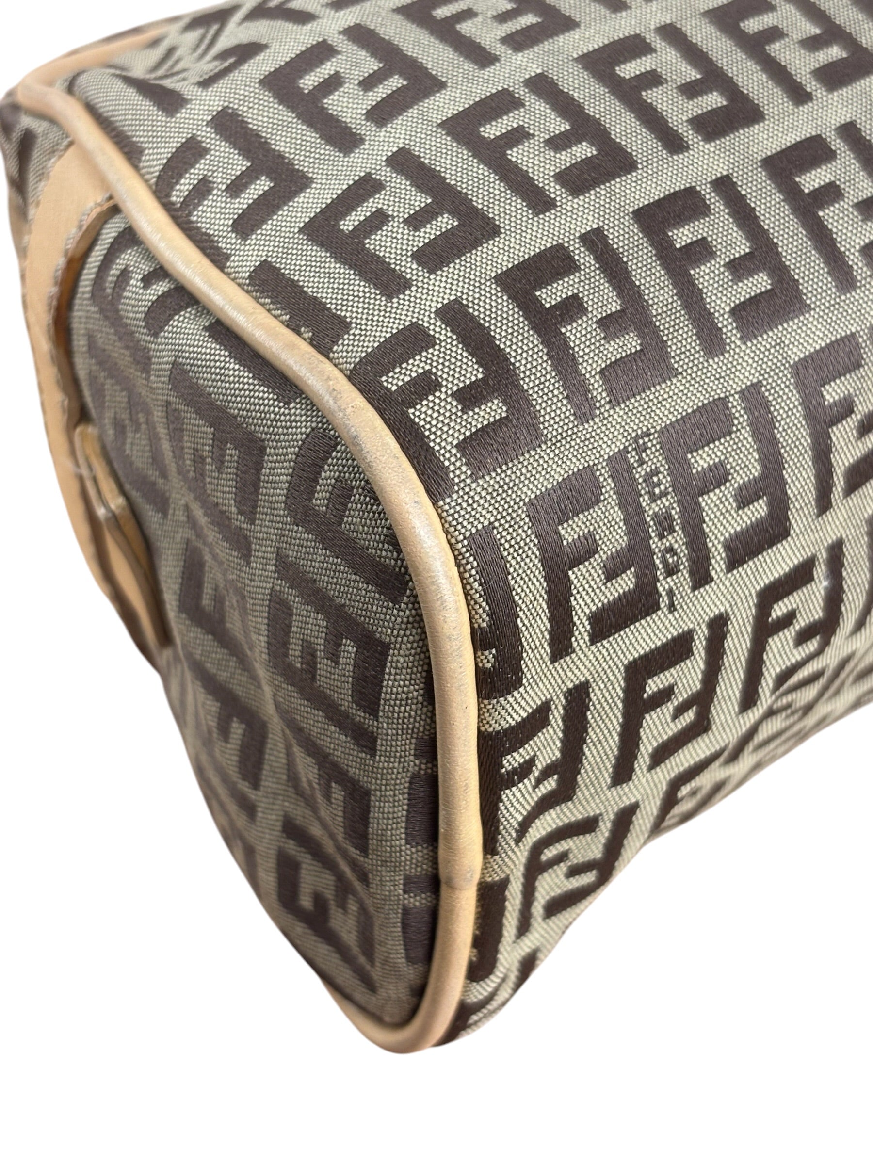 Fendi Beige Leather Trim Zucca Small Boston Bag