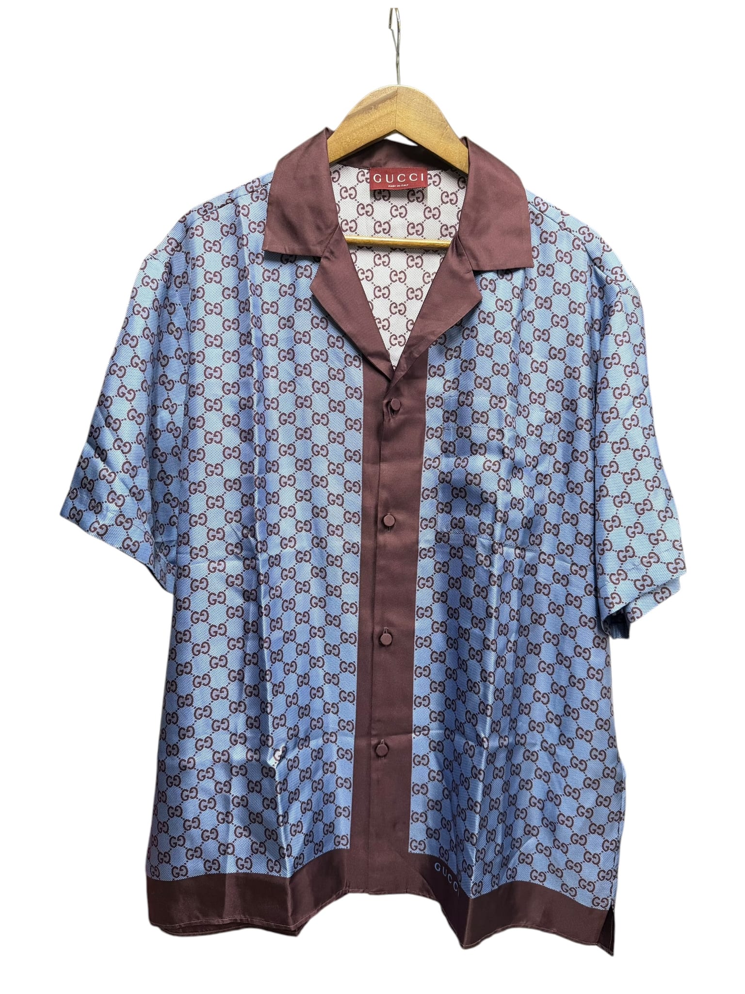 Gucci Brown/Blue Canvas GG Printed Silk Twill Short Sleeve Shirt