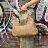 Fendi Beige Leather Trim Woven Hobo Bag
