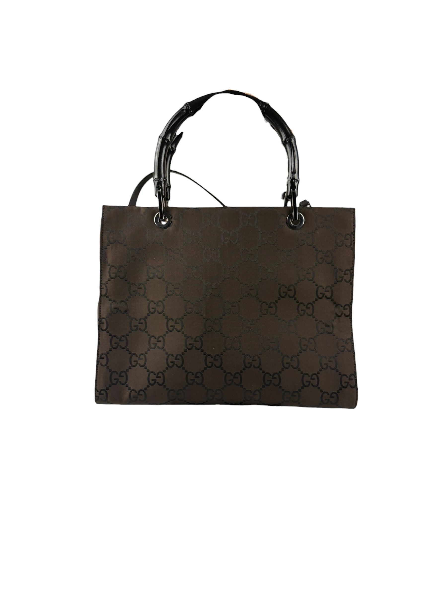 Gucci Brown Nylon Leather Trim Canvas Monogram Bamboo Two-Way Bag