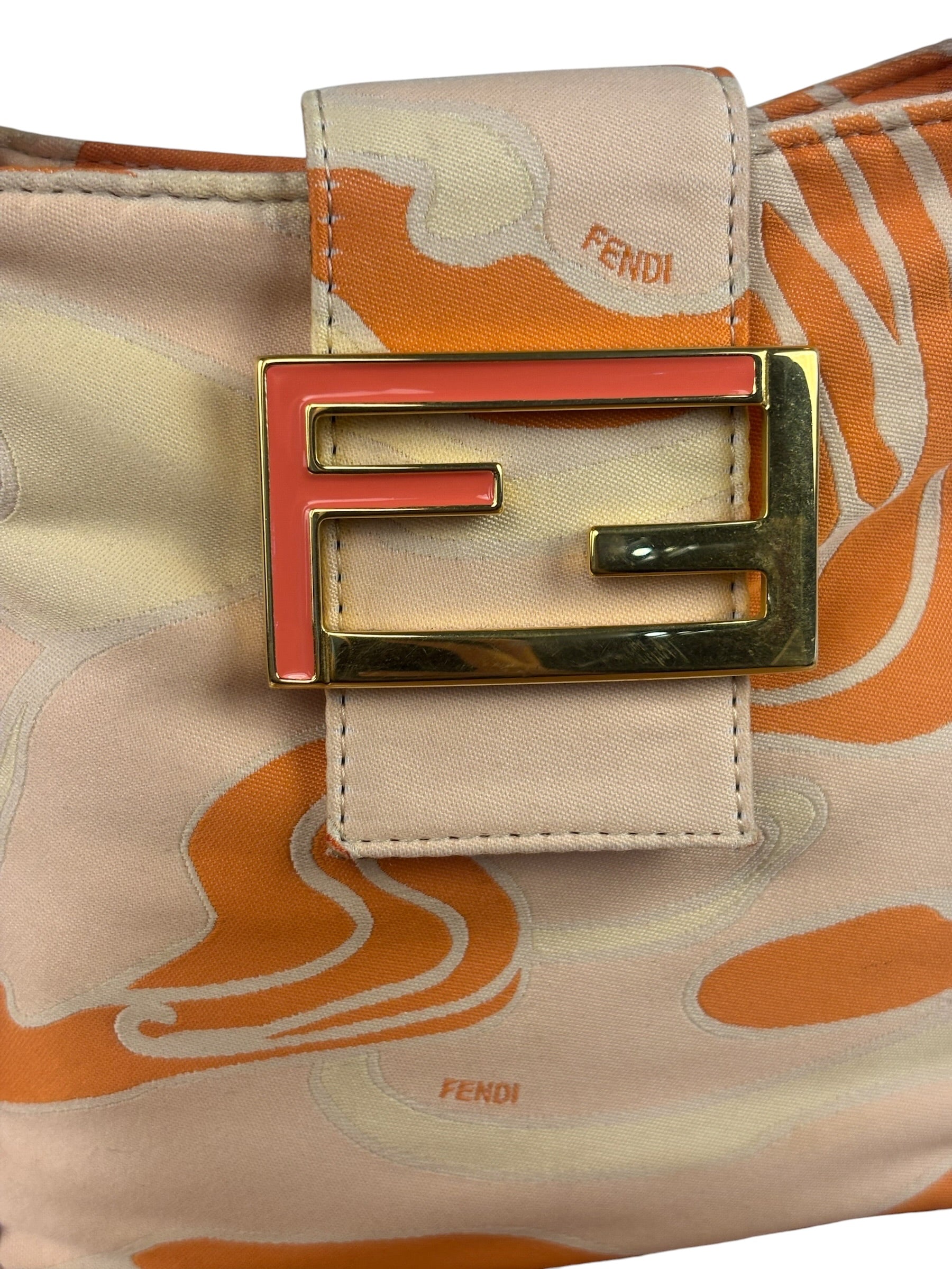 Fendi Orange Leather Trim/Satin Swirl Print Mini Baguette