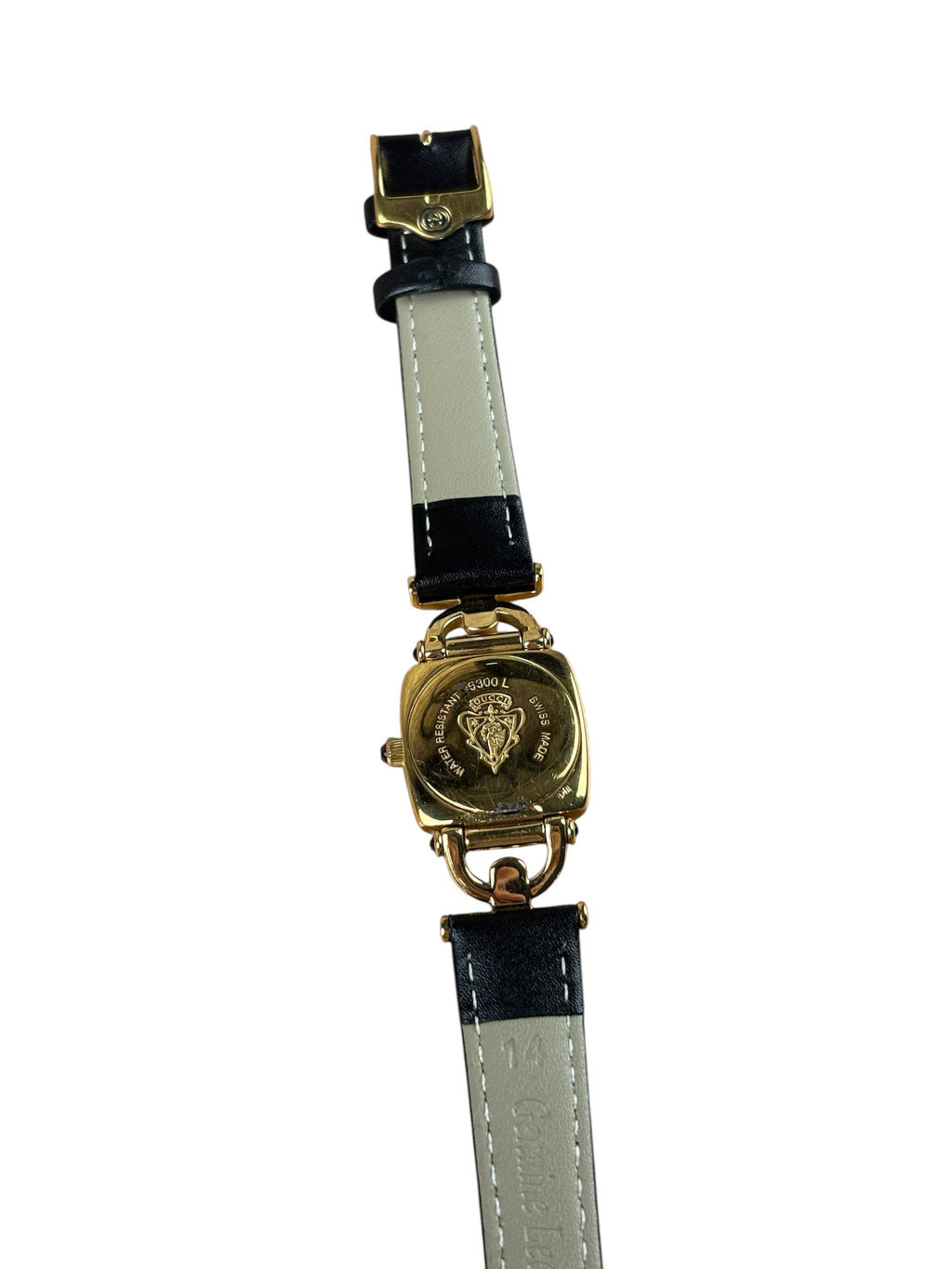 Gucci 6300L Champagne Dial Horsebit Black Leather Strap