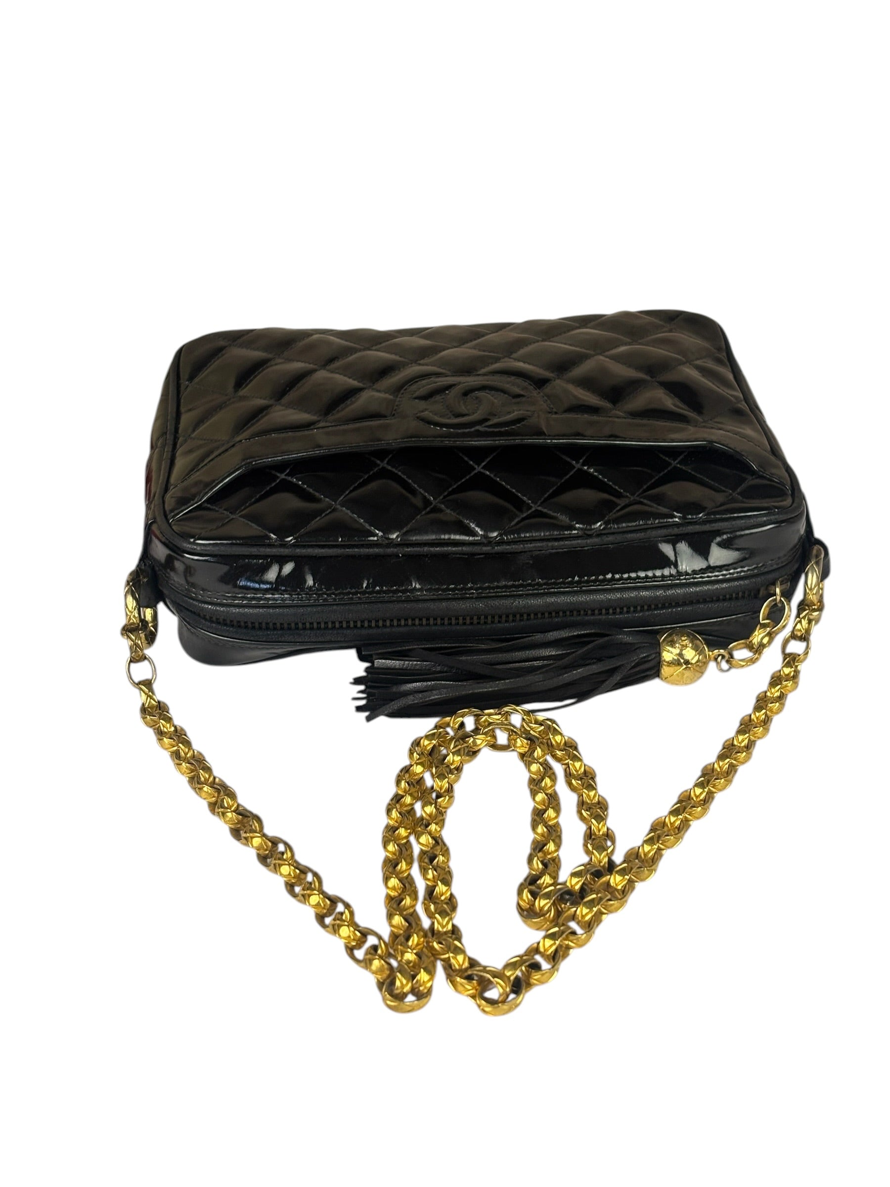 Chanel Black Quilted Patent Leather Camera Bag 1989