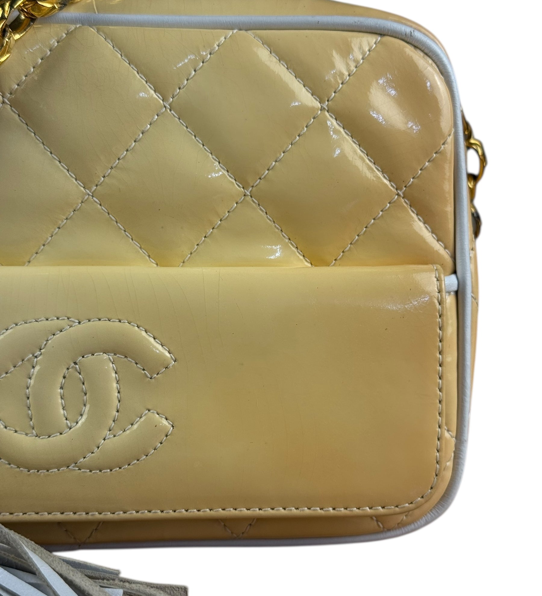 Chanel CC Patent Quilted Yellow Camera Bag 1991