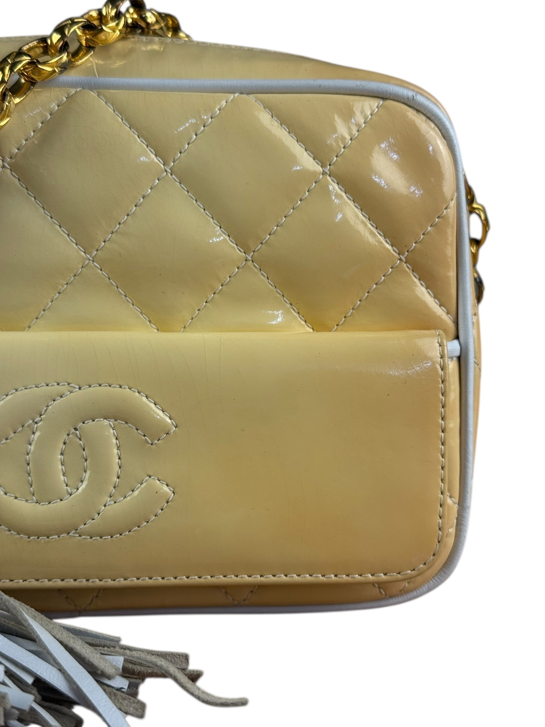 Chanel CC Patent Quilted Yellow Camera Bag 1991