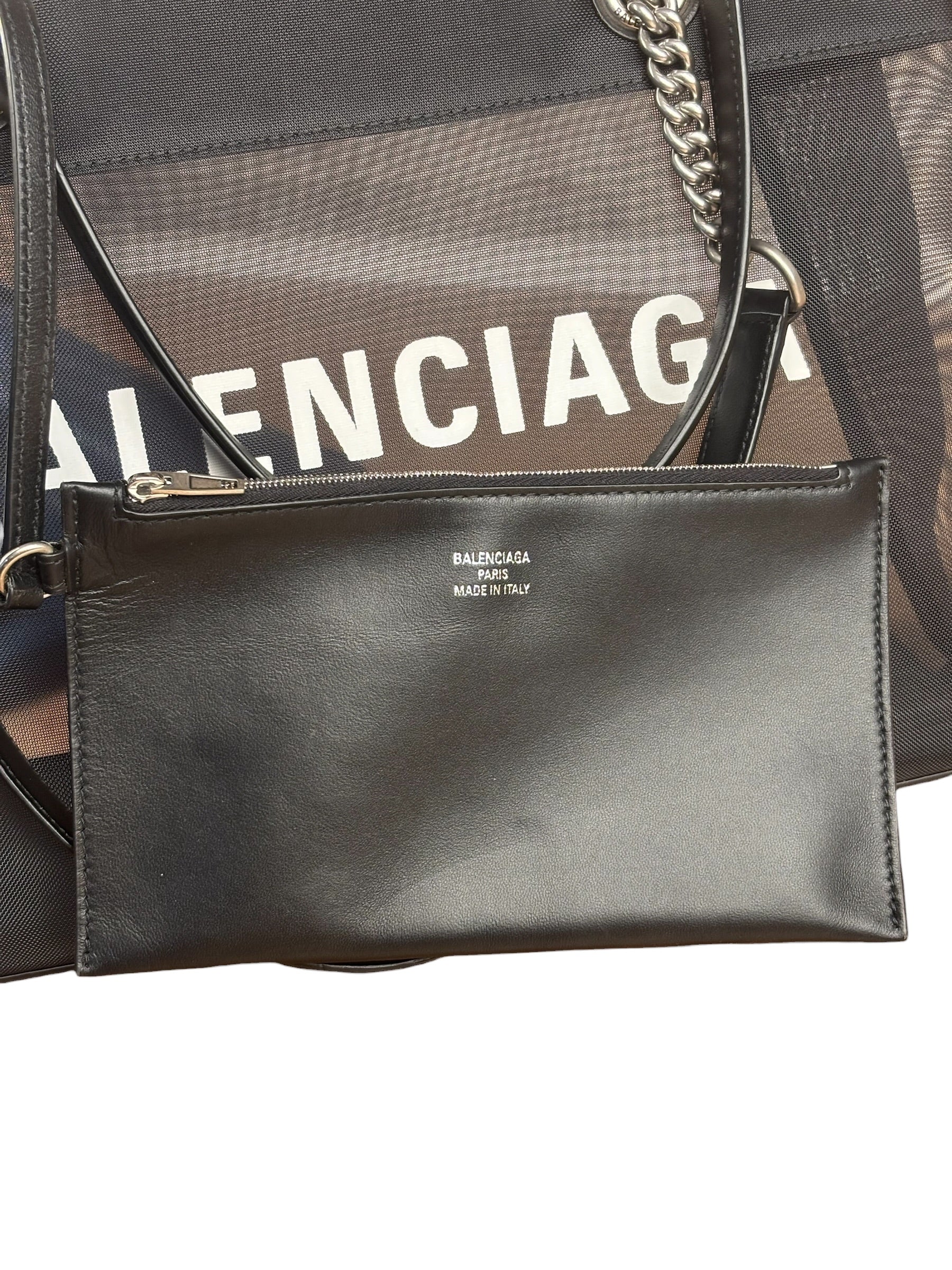 Balenciaga Black Leather Trim Mesh Duty Free Tote Bag