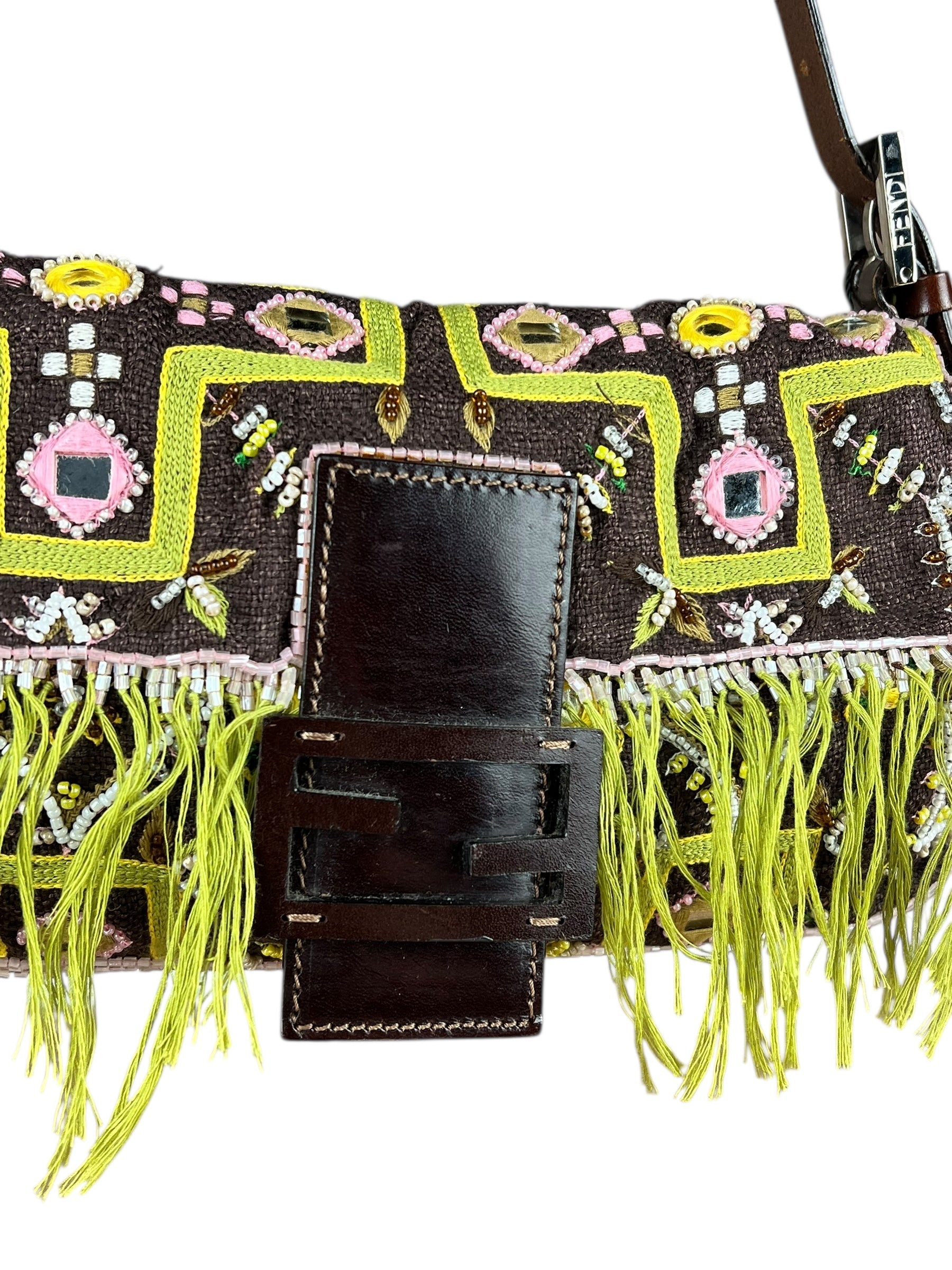 Fendi Canvas Baguette Dark Brown Beaded