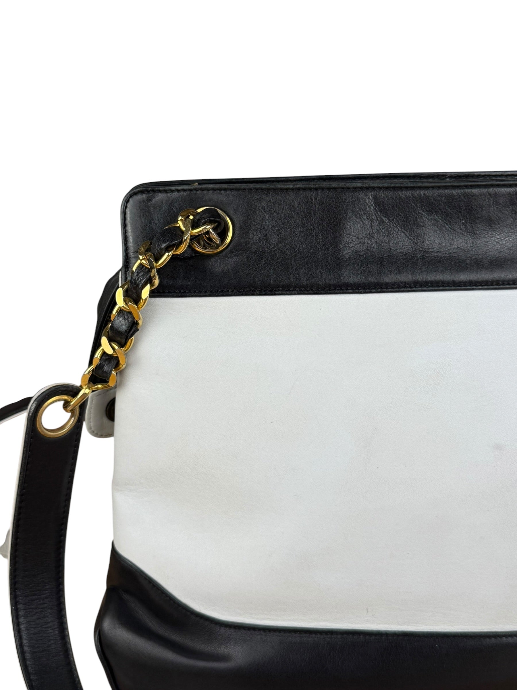 Chanel Vintage Black/White Leather CC Chain Tote '89-'91