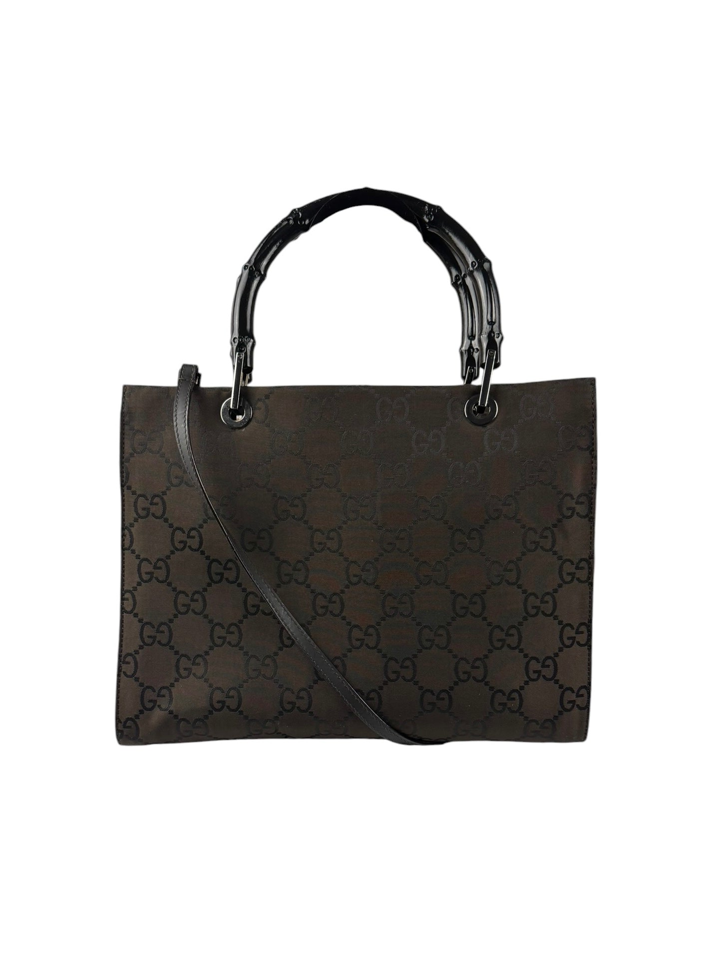 Gucci Brown Nylon Leather Trim Canvas Monogram Bamboo Two-Way Bag