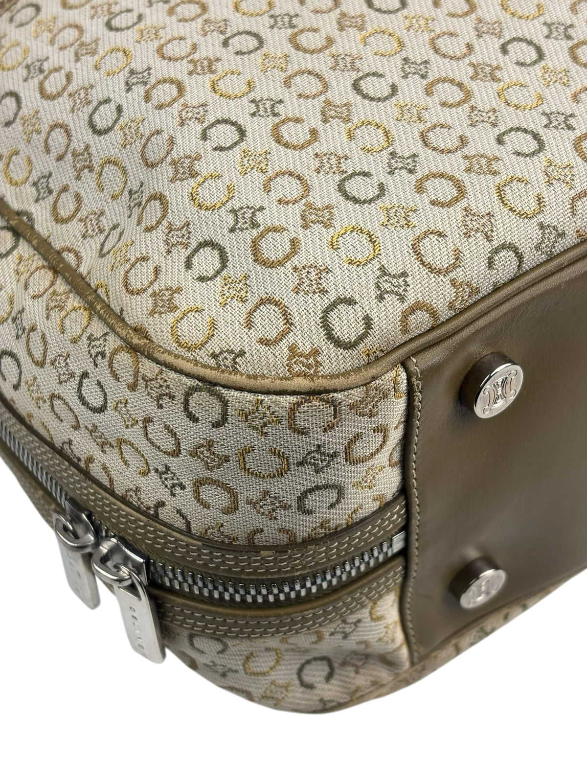 Celine Beige/Green Leather Trim Macadam Handbag
