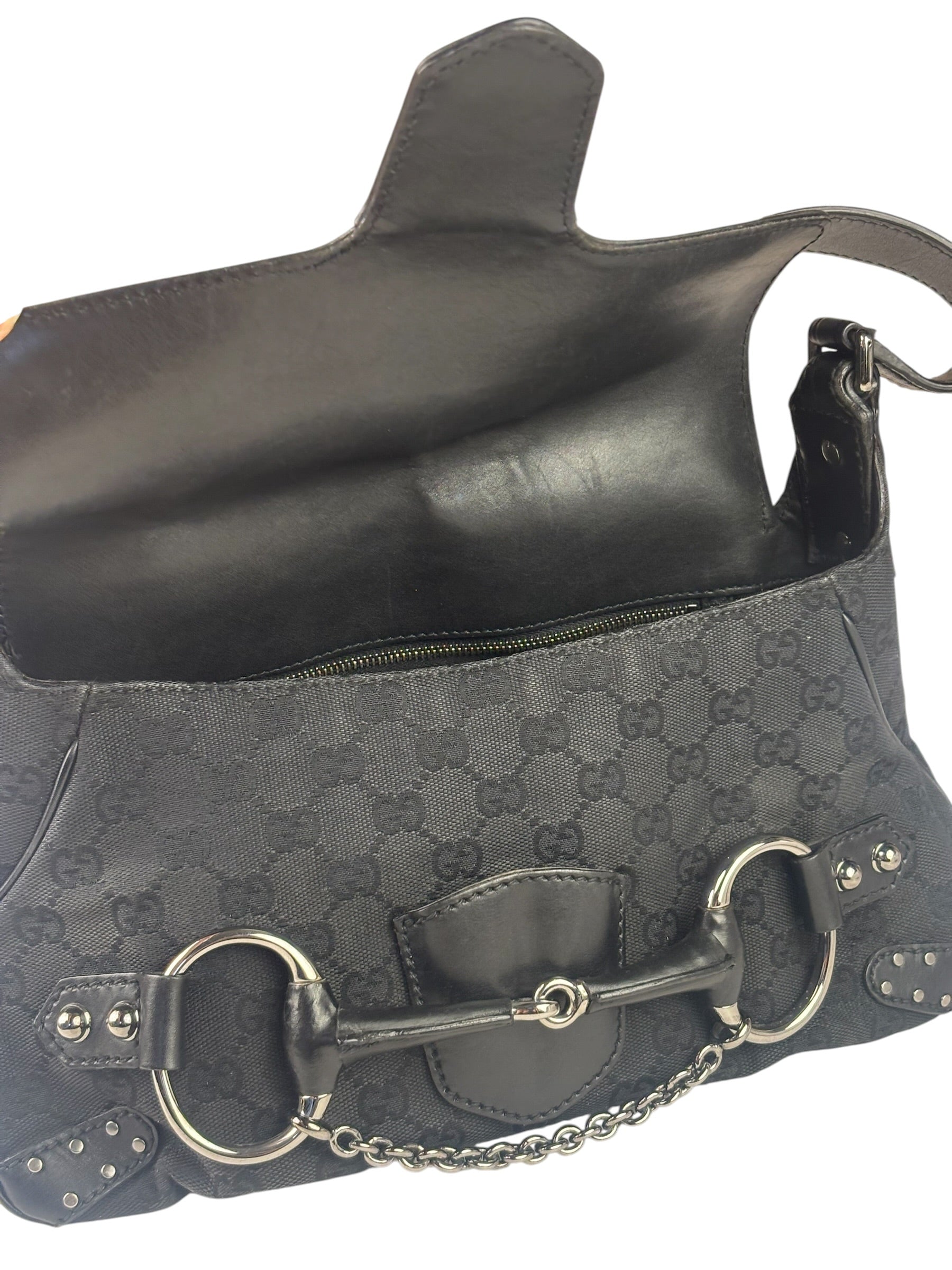 Gucci Vintage Black Horsebit Studded Chain Shoulder Bag