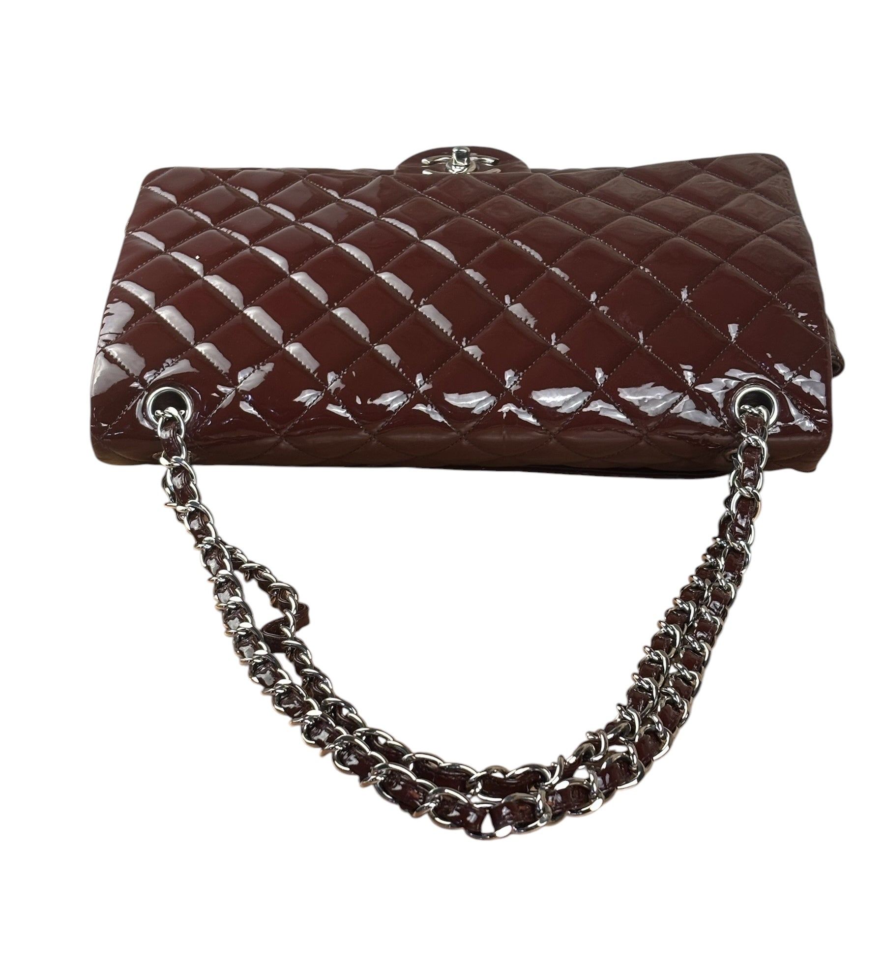 Chanel Burgundy Patent Leather Double Flap Maxi Jumbo Shoulder Bag