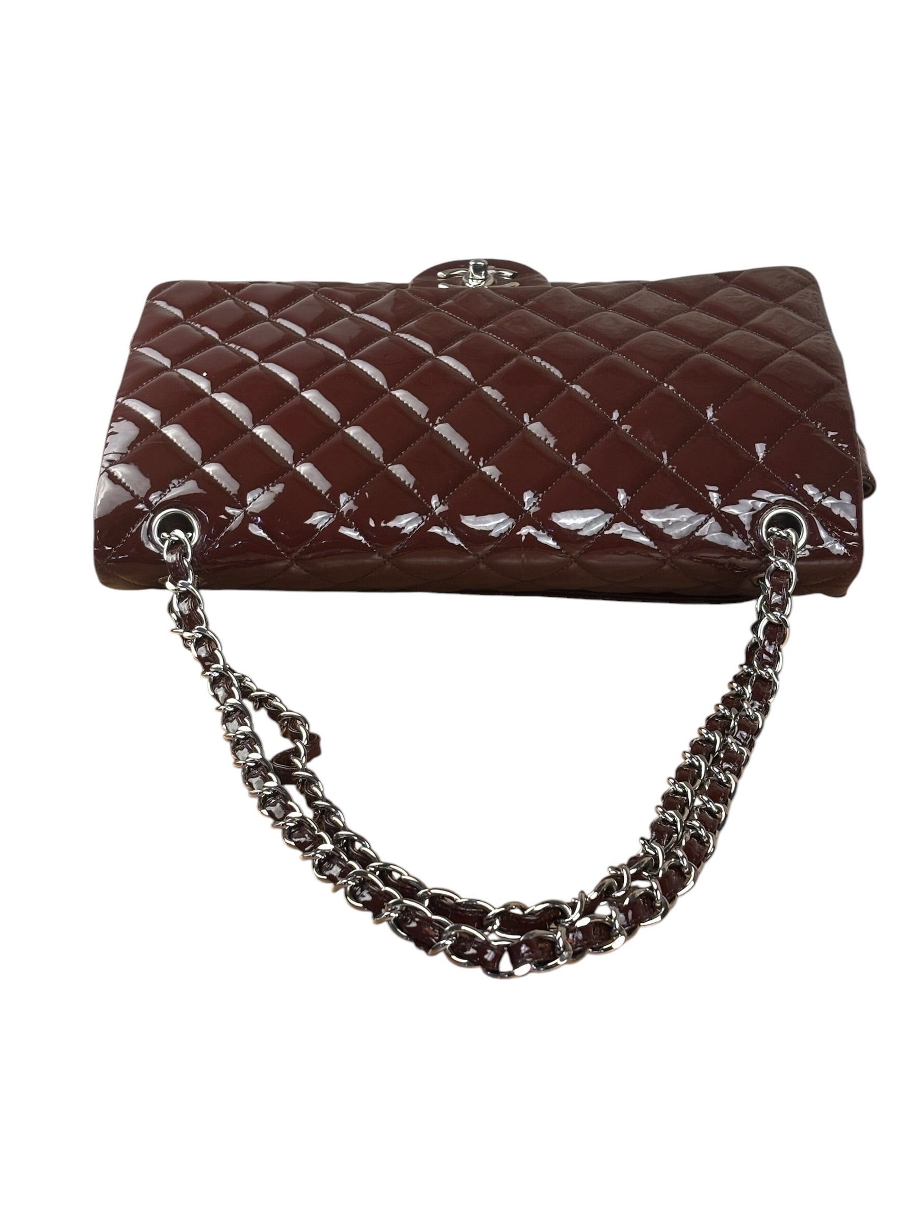 Chanel Burgundy Patent Leather Double Flap Maxi Jumbo Shoulder Bag