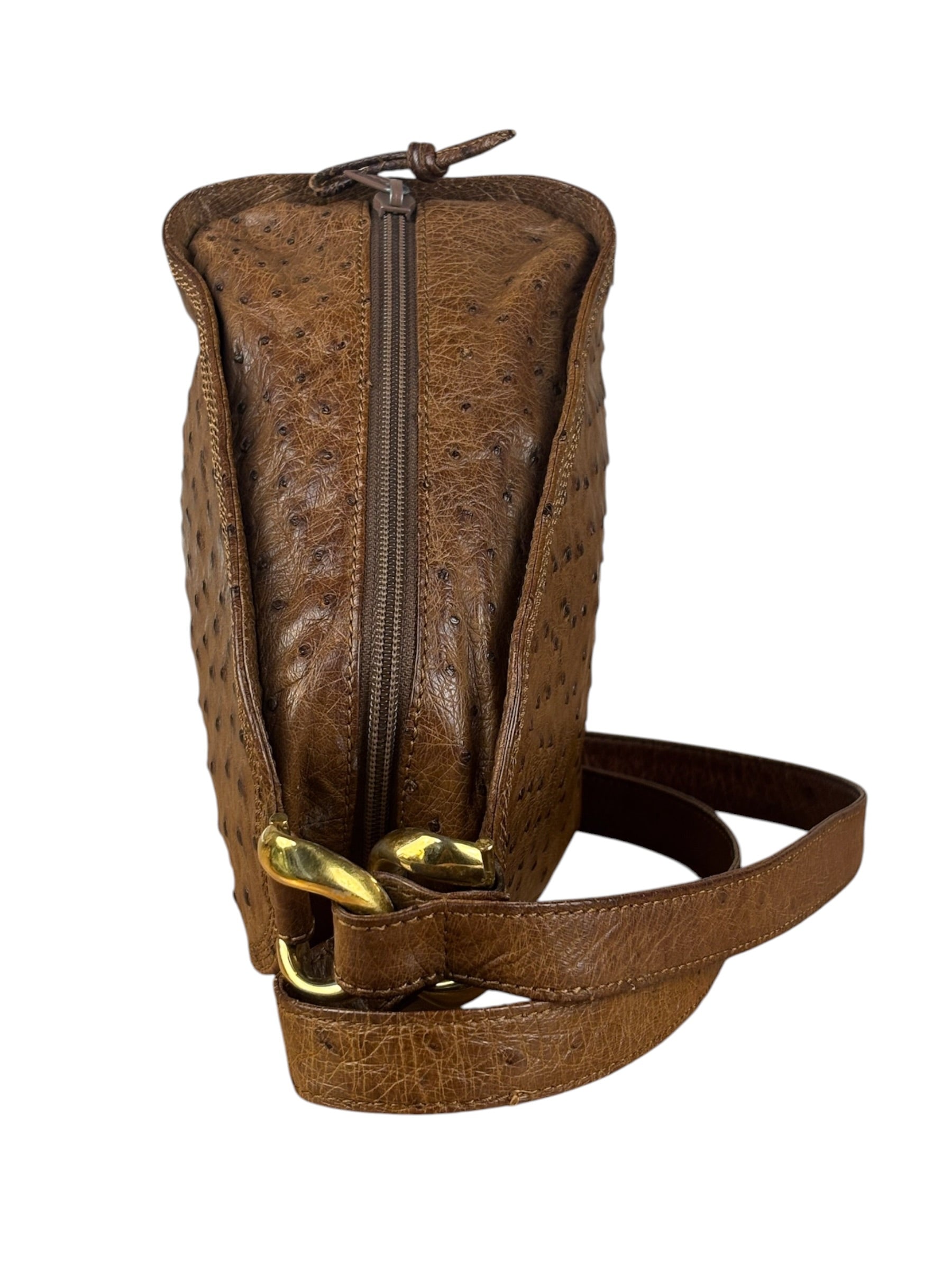 Loewe Vintage Brown Ostrich Print Leather Triangular Shoulder Bag