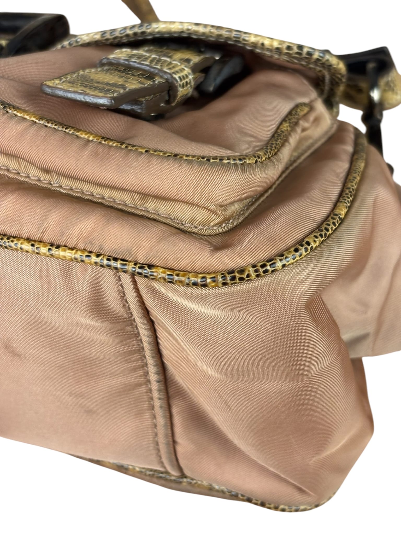 Prada Soft Dusty Rose Tessuto Nylon Snakeskin Trim Multi-Pocket Shoulder Bag