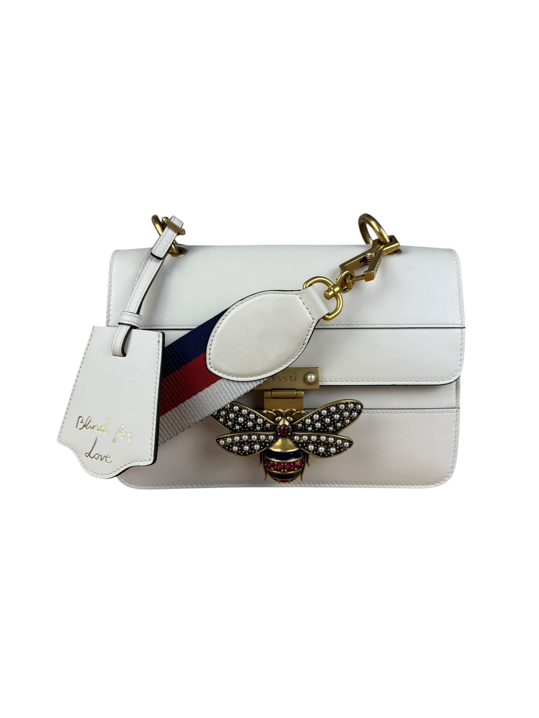 Gucci White Leather Queen Margaret Bee Embellished Shoulder Bag