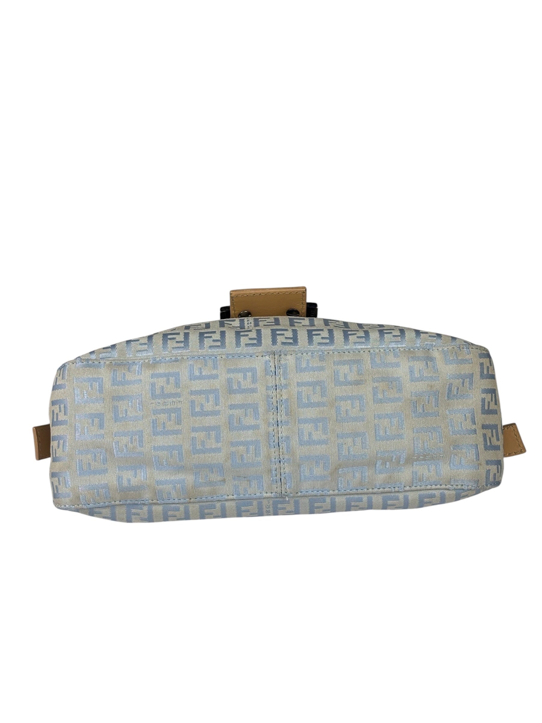 Fendi Leather Light Blue Trim Zucca Baguette