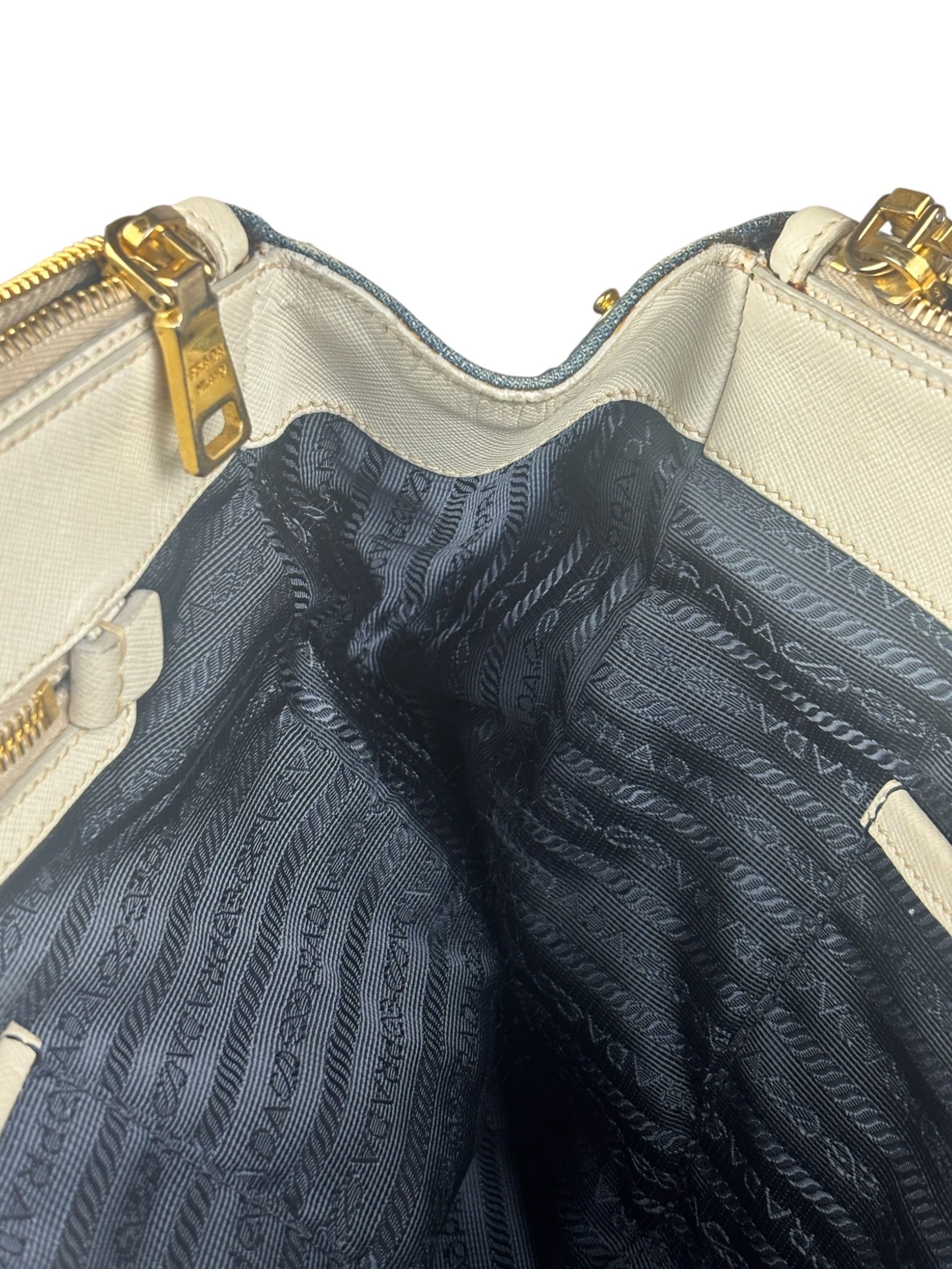 Prada Denim White Leather Trim Saffiano Handbag