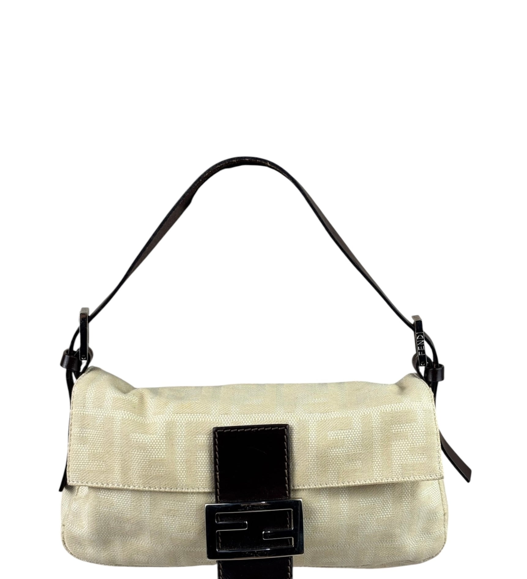 Fendi Vintage FF Ivory Canvas Baguette Shoulder Bag