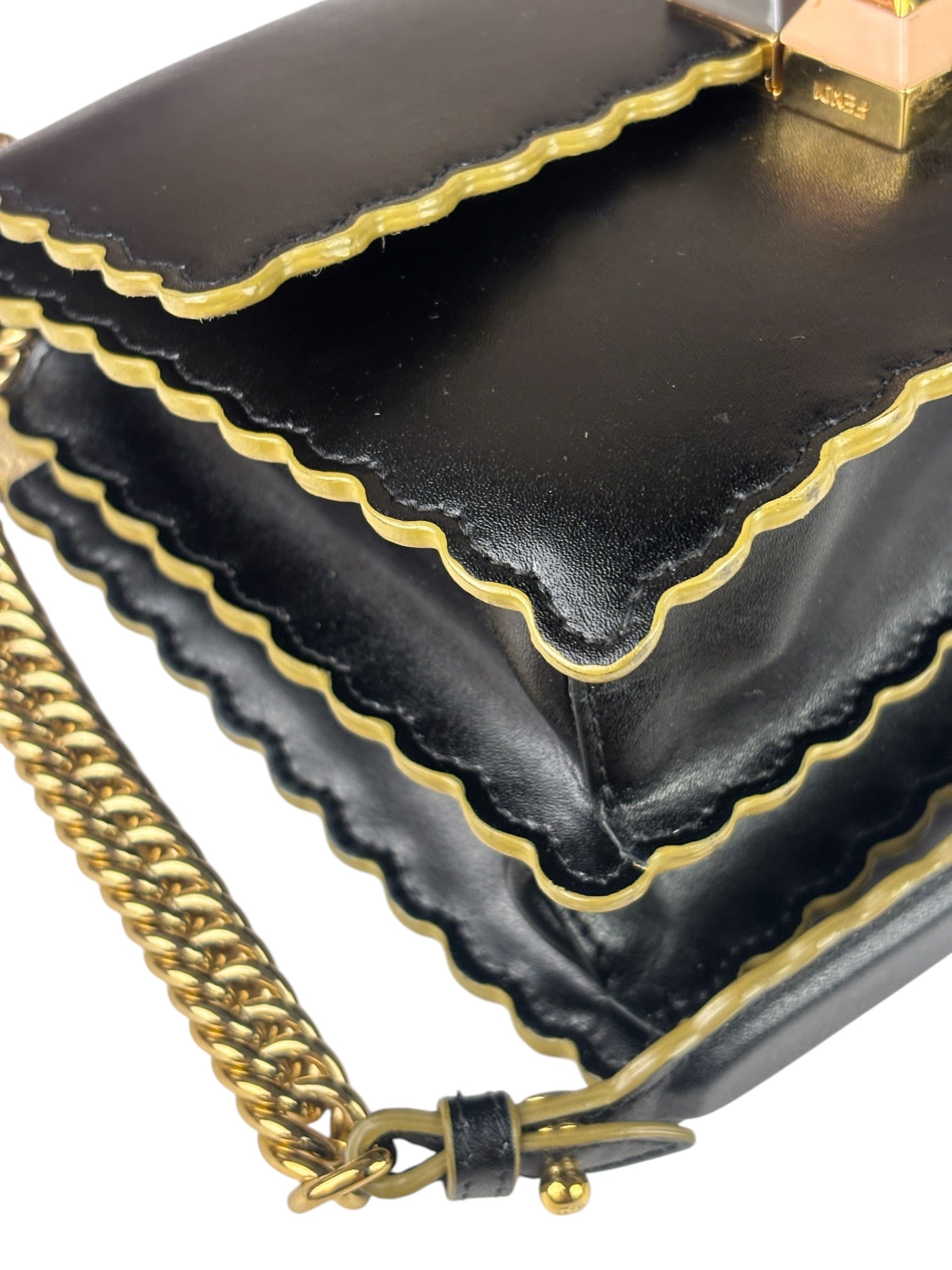 Fendi Black Leather Kan I Scallop Edge Flap Bag